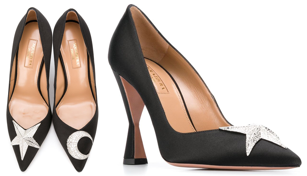 These Aqauzzura pumps feature sculpted heels with crystal-embellished star and moon appliques