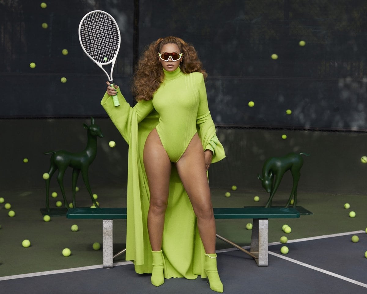 Beyoncé serves major attitude and style on the court in a neon green bodysuit and matching sock boots for the launch of her adidas x IVY PARK “HALLS of IVY” collection
