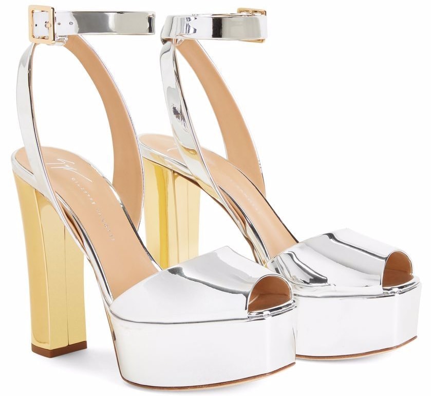 These Giuseppe Zanotti 'Betty' sandals feature a metallic two-tone design with thick platforms and block heels