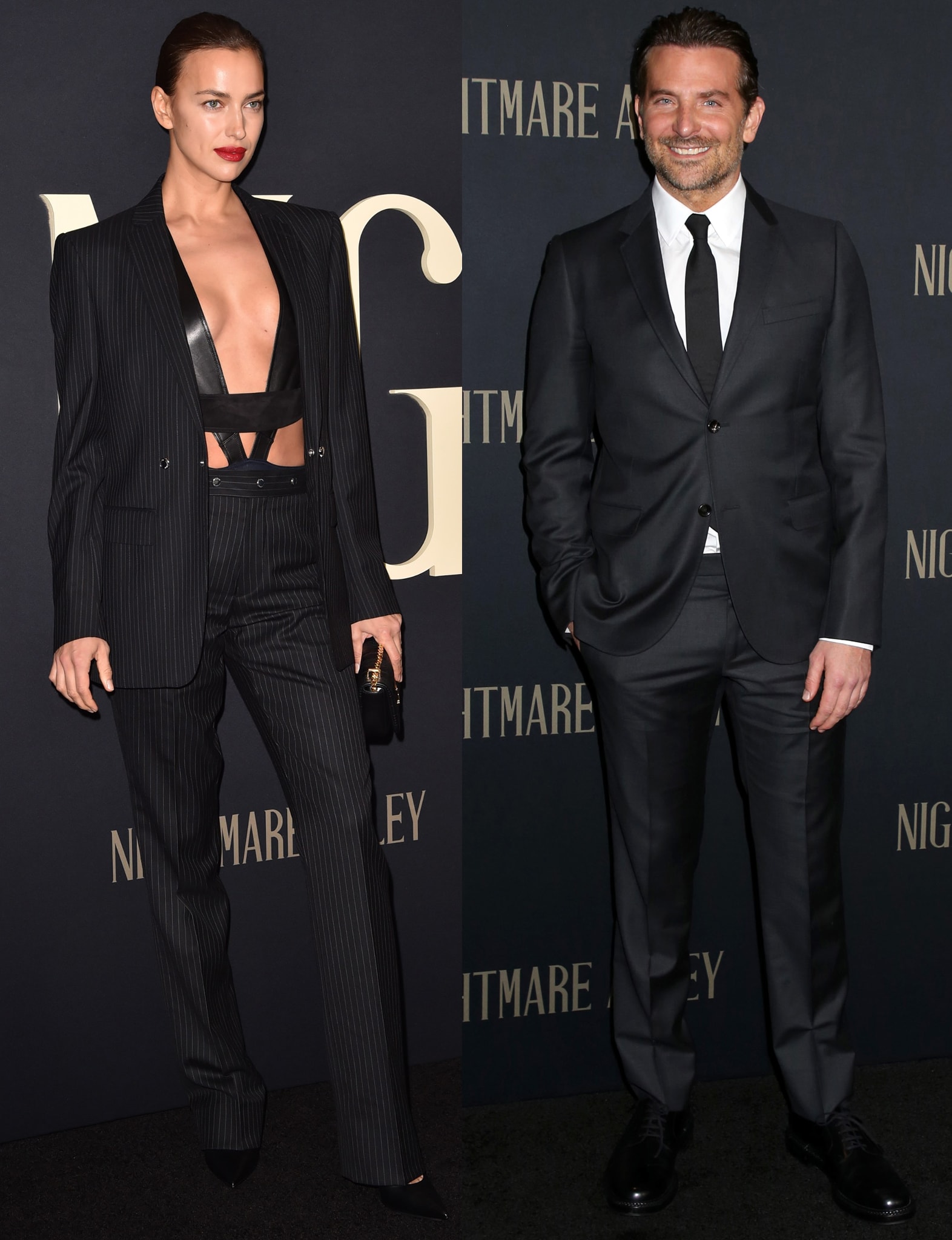 Irina Shayk and Bradley Cooper embraced complementary takes on black tailoring at the Nightmare Alley premiere, with Shayk adding a daring Burberry leather harness bodysuit and pointed-toe pumps while Cooper opted for a classic suit, slim tie, and polished leather oxfords.