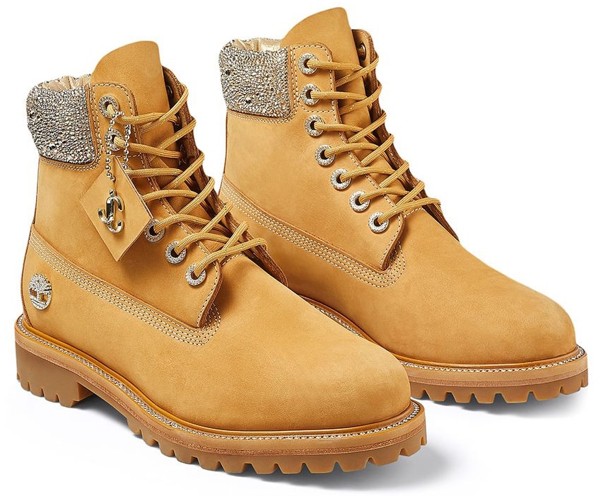 Fusing outdoor utility with off-duty glamour, these boots from the Timberland x Jimmy Choo collaboration feature durable Vibram outsoles and Swarovski crystals around the collar