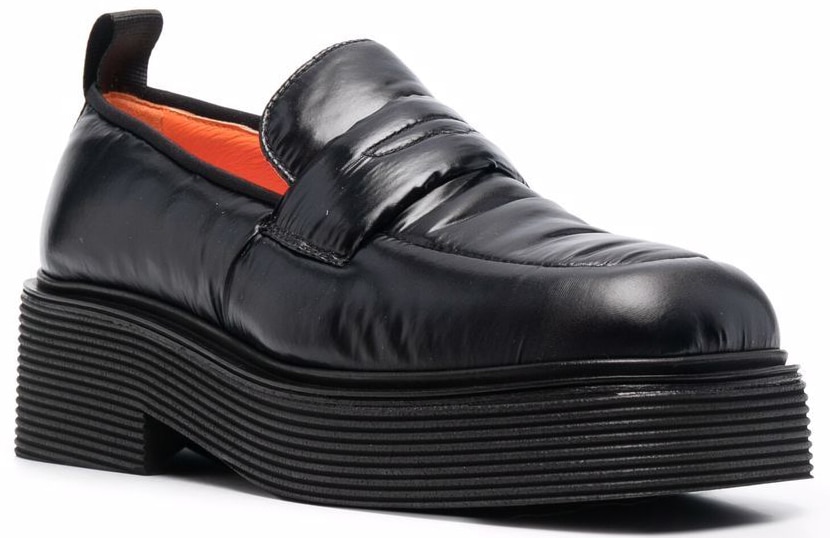Black leather chunky Marni penny loafers featuring a sleek slip-on design, square toe, and exaggerated platform sole that delivers both height and a modern, utilitarian edge