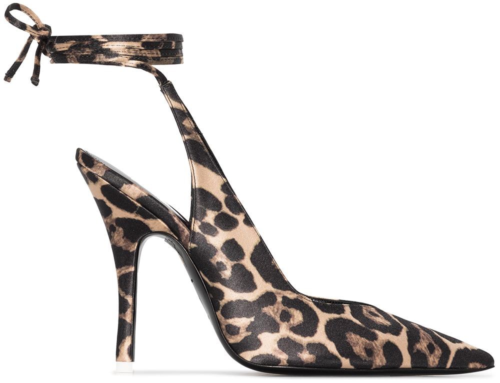 Made in Italy, The Attico's Venus leopard-print slingback pumps combine a pointed toe, wraparound ankle ties, and a soaring stiletto heel, a silhouette that became one of the label's defining footwear designs before this seasonal version was discontinued