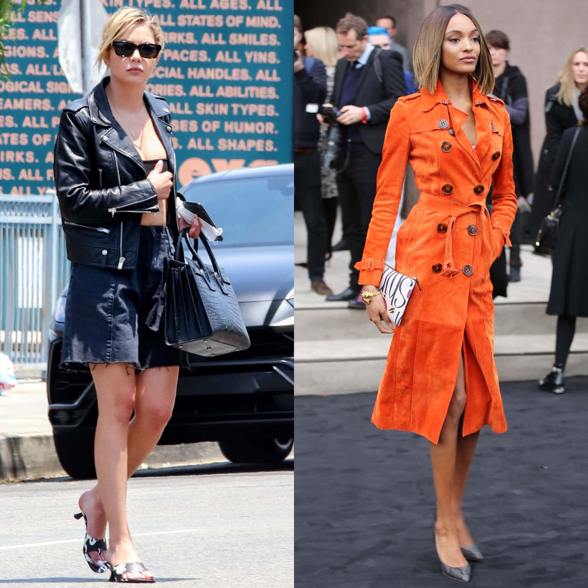Ashley Benson is summery in a crop top, denim shorts, and cow-print mules, while Jourdan Dunn looks cozy in her orange winter coat and reptile pumps