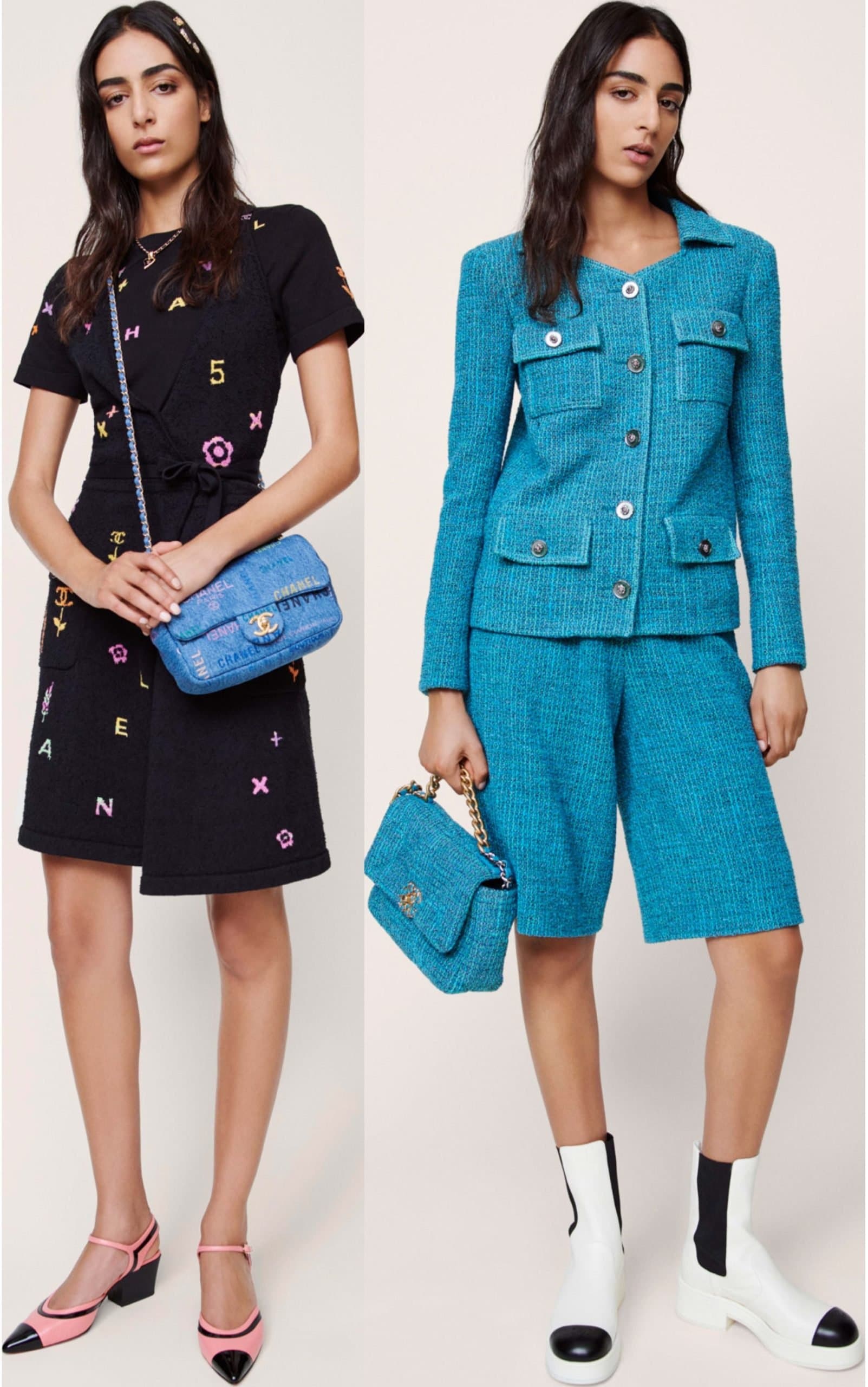 A printed black dress adorned with colorful Chanel motifs and a turquoise tweed jacket set from the French luxury house Chanel — styled with two-tone slingback heels and white leather ankle boots that showcase the brand’s modern take on its timeless silhouettes