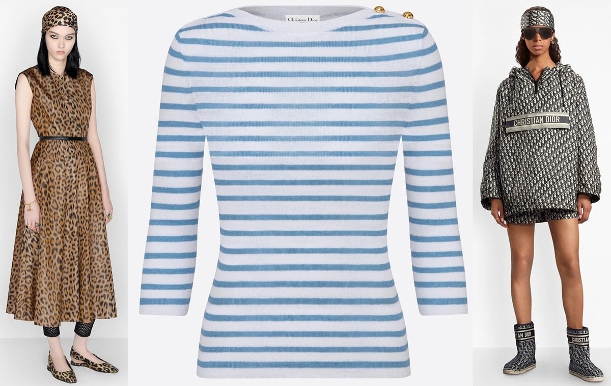 A beige multicolor Mizza-motif mid-length dress, a cornflower-blue Marinière-striped sweater, and a blue-and-ecru Dior Oblique hooded anorak from French luxury house Dior — effortlessly blending heritage prints with modern silhouettes, styled with signature ballerina flats and logo ankle boots