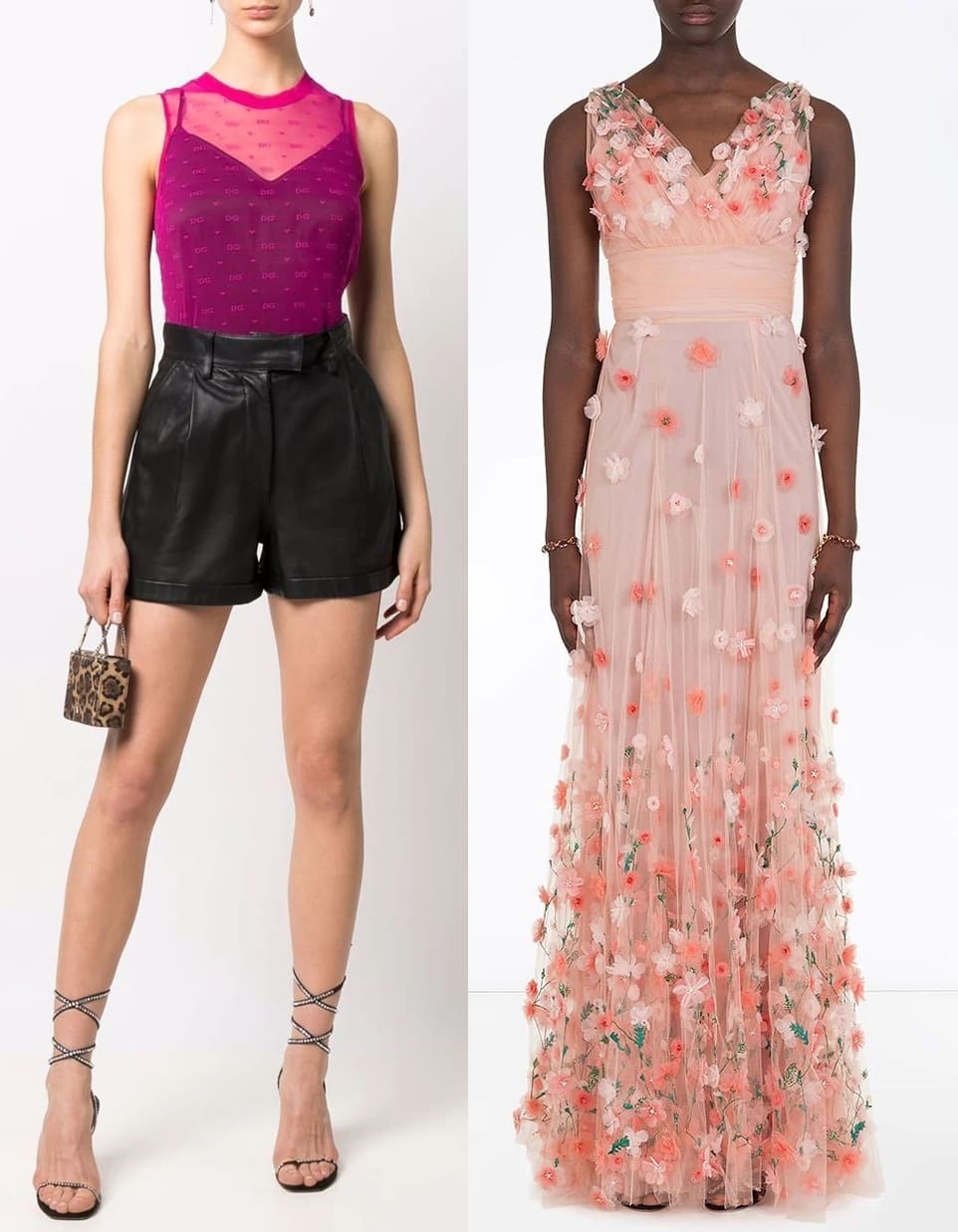 A dark pink logo-motif sheer top and a blush flower-embroidered tulle gown from Italian luxury fashion house Dolce Gabbana — celebrating the brand’s romantic craftsmanship and signature femininity, often paired with jeweled sandals or classic stiletto heels