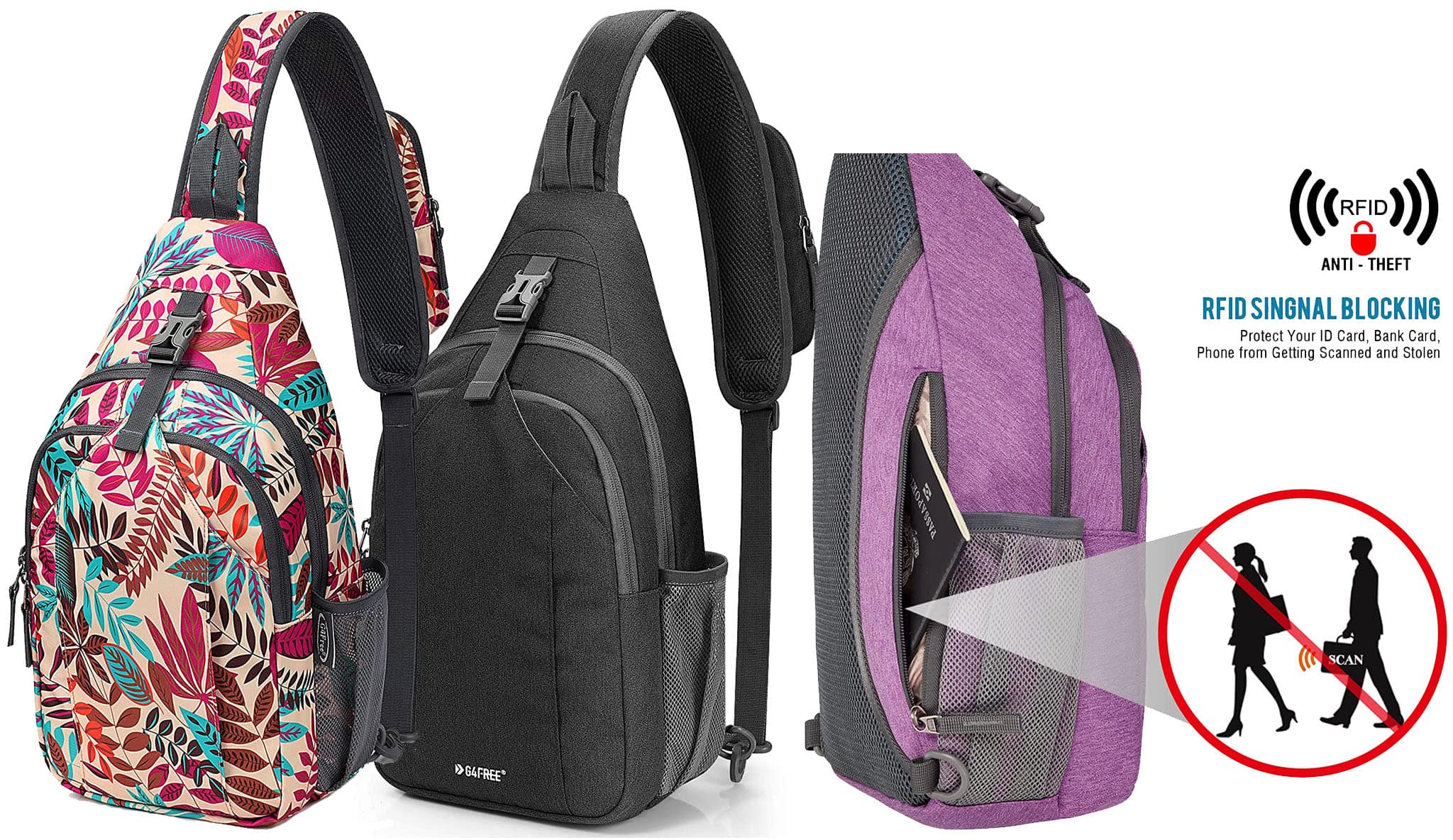 Featuring a back hidden RFID signal blocking pocket, the lightweight G4Free sling bag can help secure your personal information