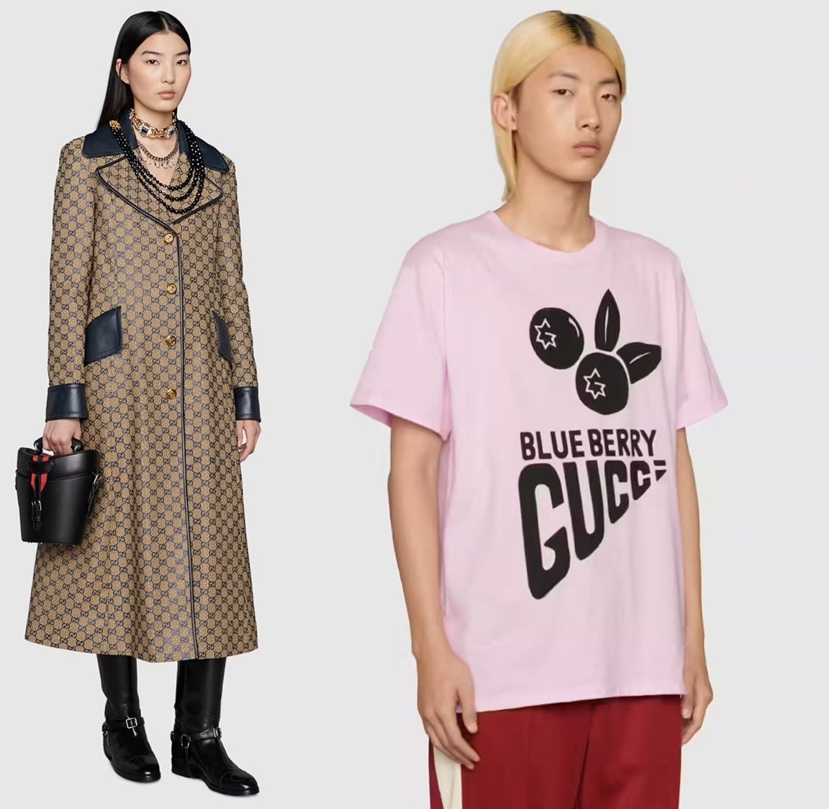 A GG-canvas coat with crystal detailing and a playful “Blueberry Gucci” cotton T-shirt from Italian luxury house Gucci — a mix of heritage tailoring and modern whimsy, often styled with chunky boots or platform loafers that define the brand’s bold aesthetic
