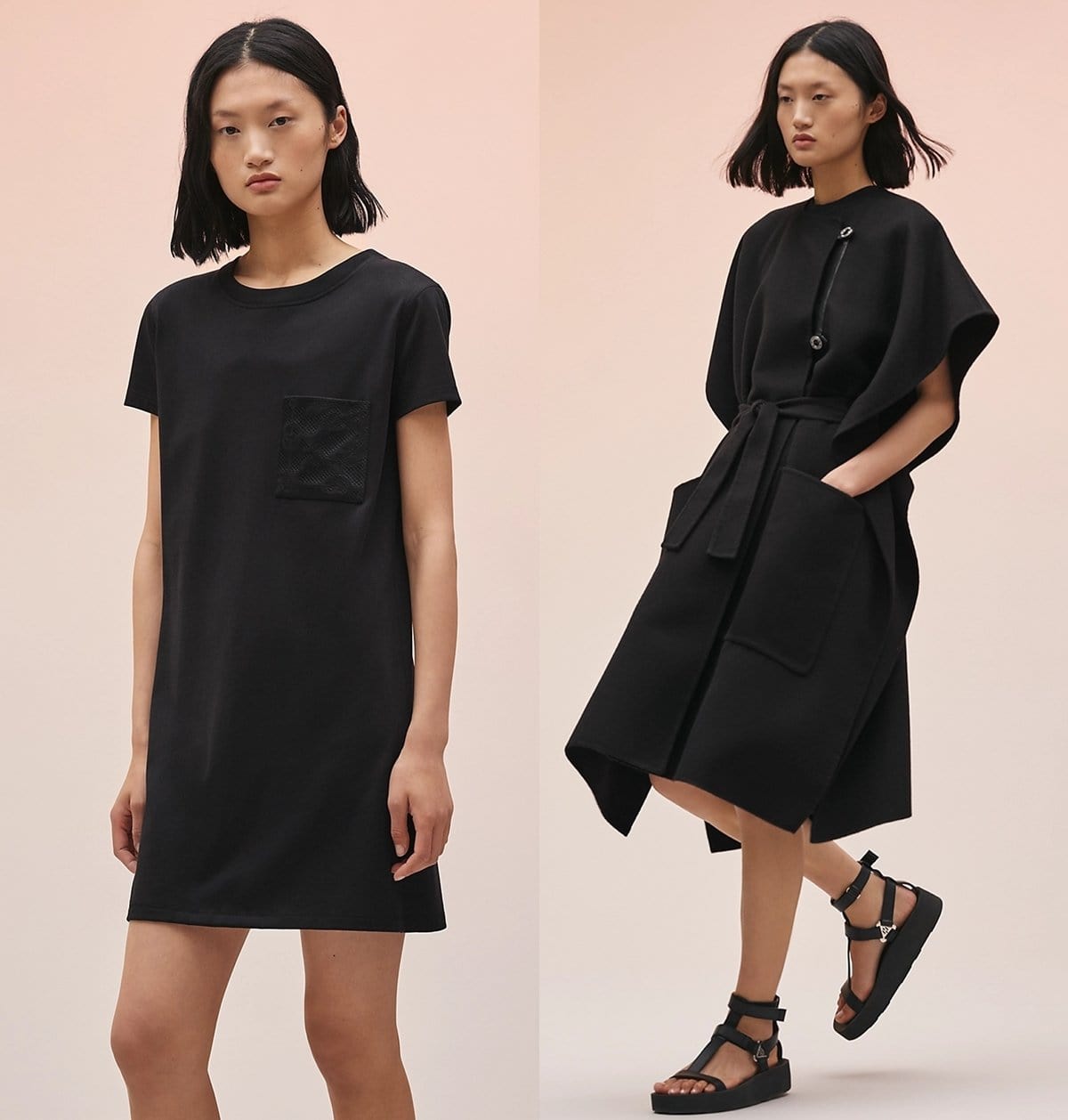 A minimalist black cotton-jersey dress and a belted long vest in double-sided cashmere from French luxury house Hermès — paired with sleek black leather sandals that embody the brand’s effortless blend of craftsmanship and everyday elegance