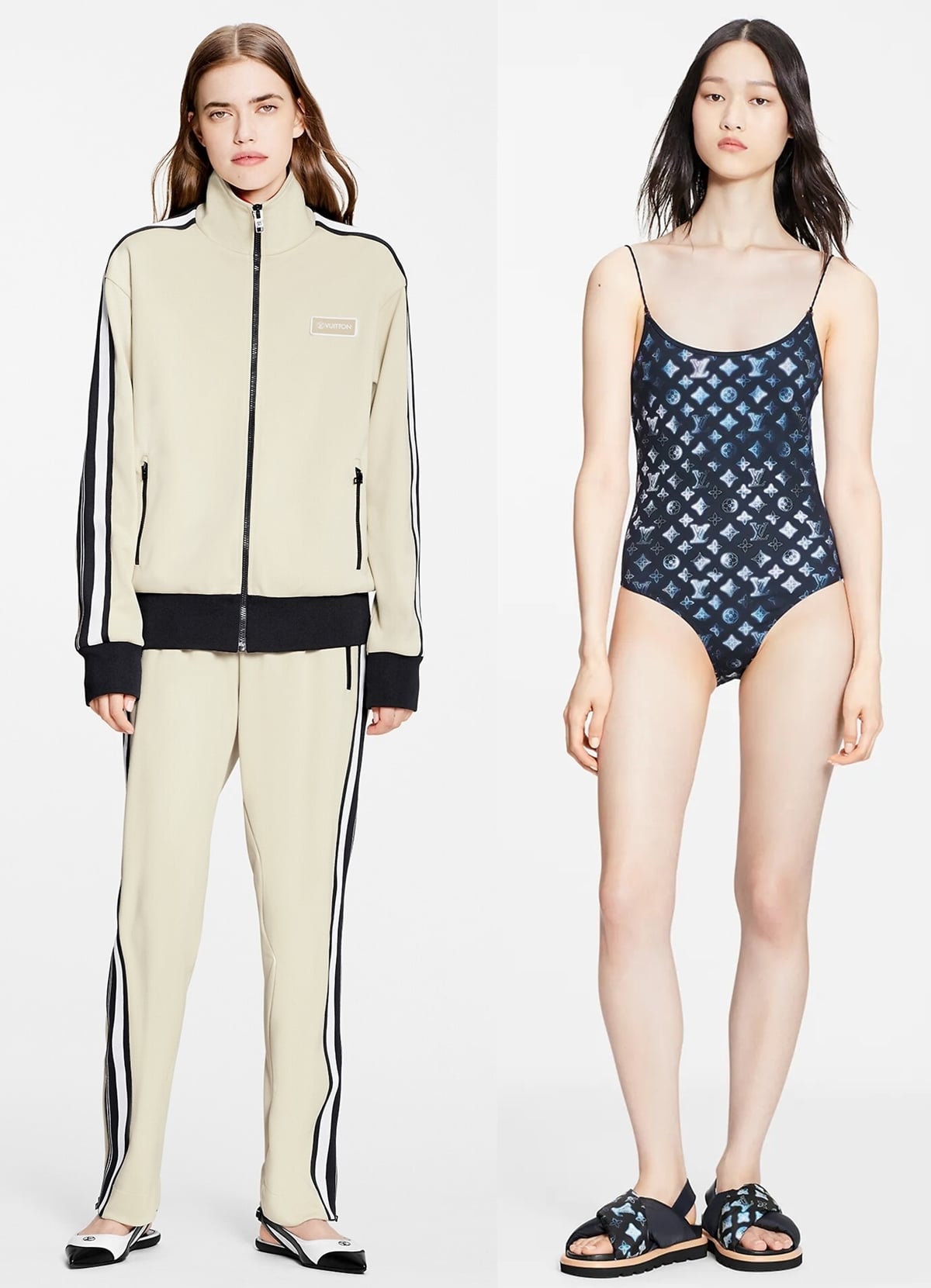 A sporty zip-up jacket with a rubber Louis Vuitton patch and a Mahina Monogram one-piece swimsuit from the French luxury house — styled with monogram slide sandals and two-tone flats that blend athletic ease with signature LV sophistication