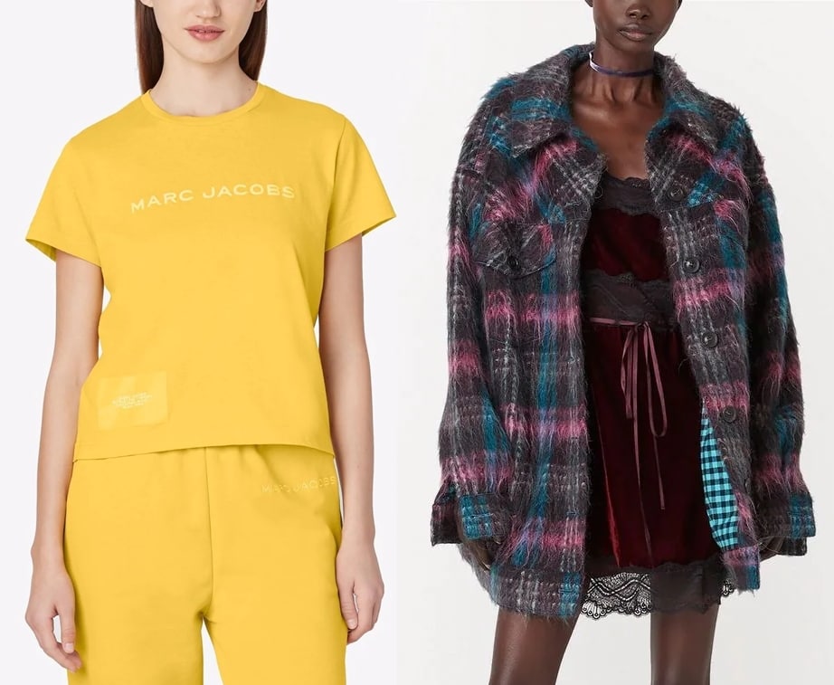 A lemon-yellow cotton logo tee and an oversized plaid jacket in purple, pink, and green from American designer Marc Jacobs — pieces that capture his playful contrast of streetwear ease and couture-inspired edge, often styled with chunky platforms or retro heels