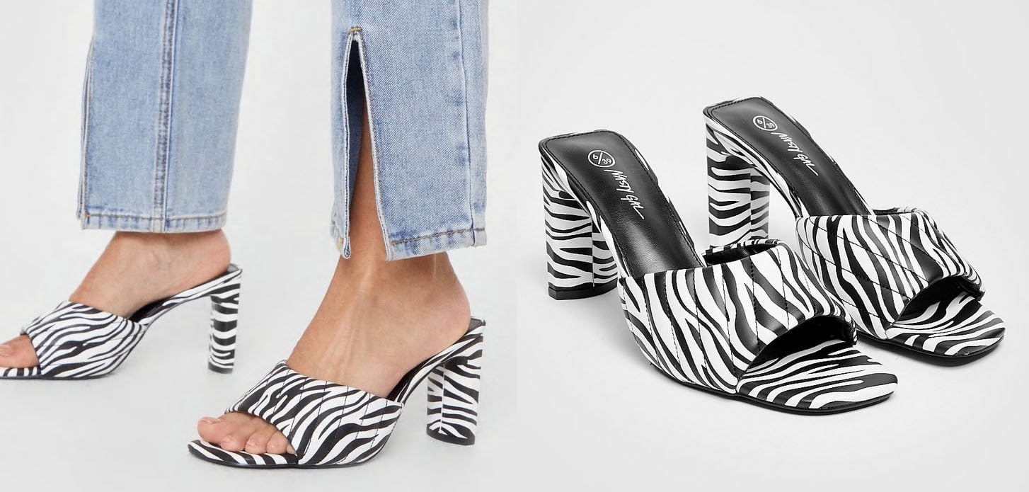 These striking zebra-print mules by Nasty Gal feature a bold black-and-white design and a comfortable block heel—perfect for everyday style