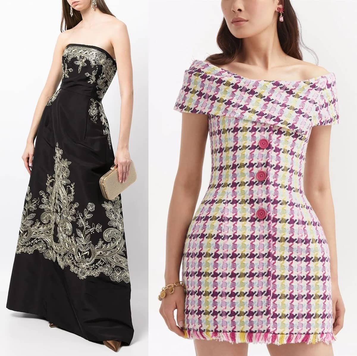 A black silk strapless embroidered ballgown and a pink tweed off-the-shoulder mini dress from Oscar de la Renta — two timeless silhouettes that reflect the house’s signature blend of couture craftsmanship and modern femininity, often paired with metallic heels or jeweled pumps