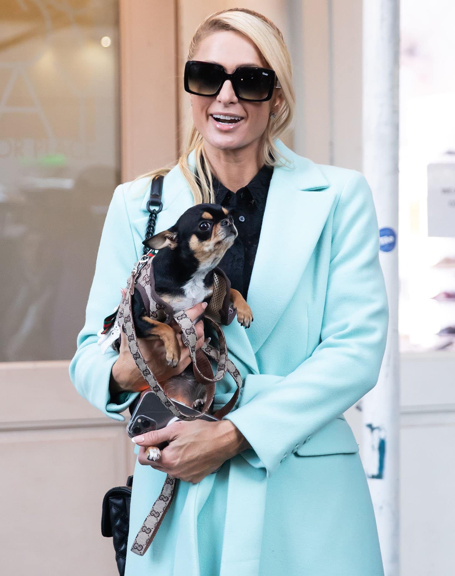 Paris Hilton carrying her Chihuahua Diamond Baby in a Gucci monogram harness with oversized black sunglasses and a mint coat