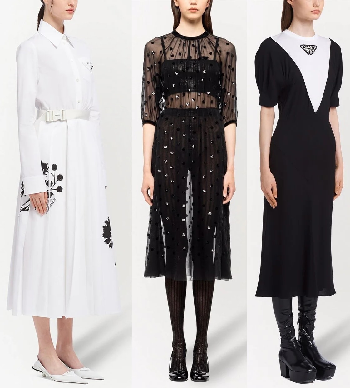 A floral-print poplin shirtdress, a polka-dot sequin-embellished chiffon dress, and a contrasting-panel short-sleeve midi dress from Italian luxury house Prada — showcasing the brand’s mastery of modern femininity, styled with pointed flats, glossy pumps, and sculptural platform boots