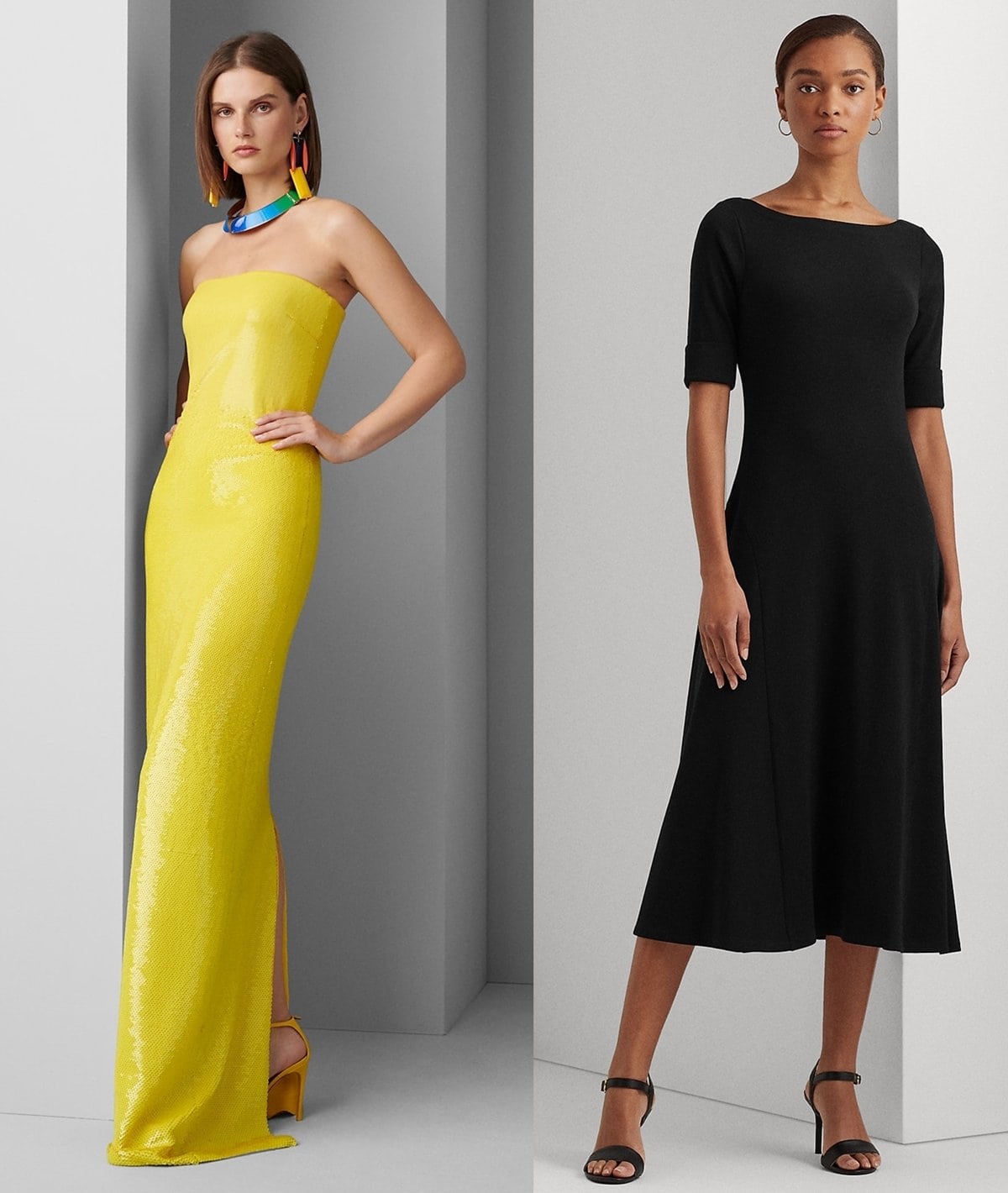 A sequined sunshine-yellow strapless gown and a classic black fit-and-flare midi dress from American luxury brand Ralph Lauren — timeless silhouettes that embody the house’s effortless elegance, perfectly complemented by minimalist heeled sandals