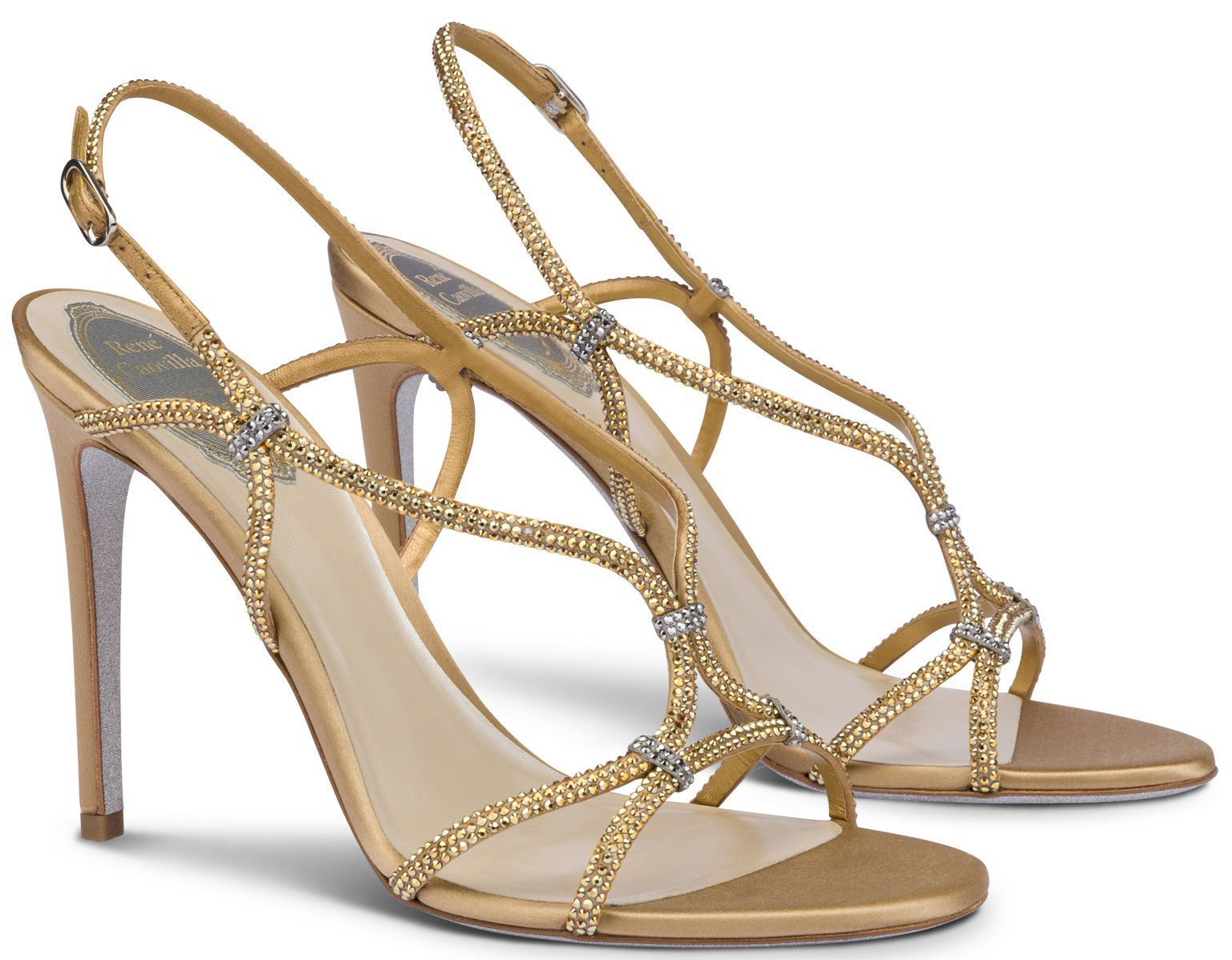 These Italian-crafted sandals feature gold satin straps embellished with sparkling gold crystals