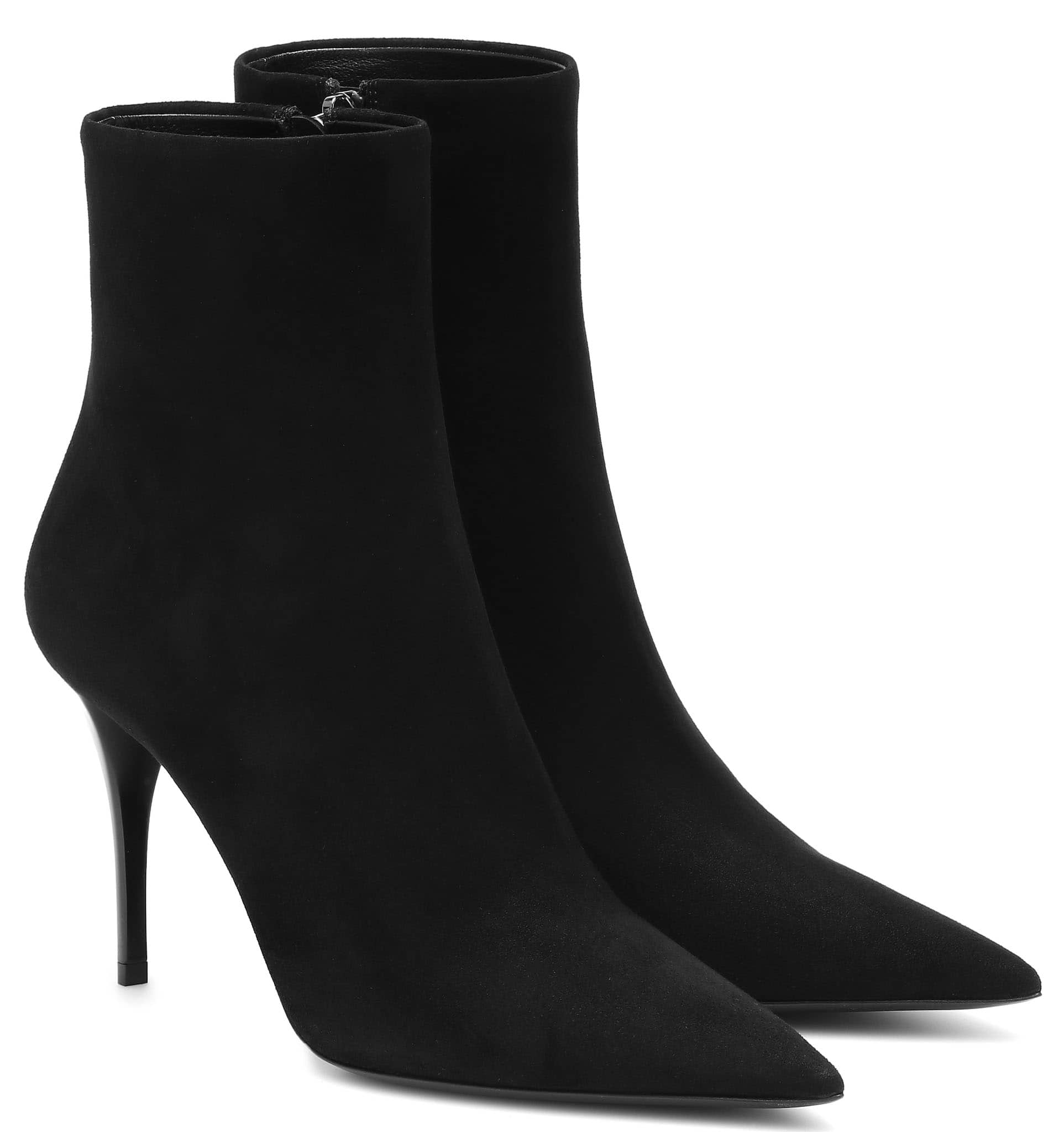 Saint Laurent's Lexi suede boots have sharply pointed toes, side zips, and thin stiletto heels