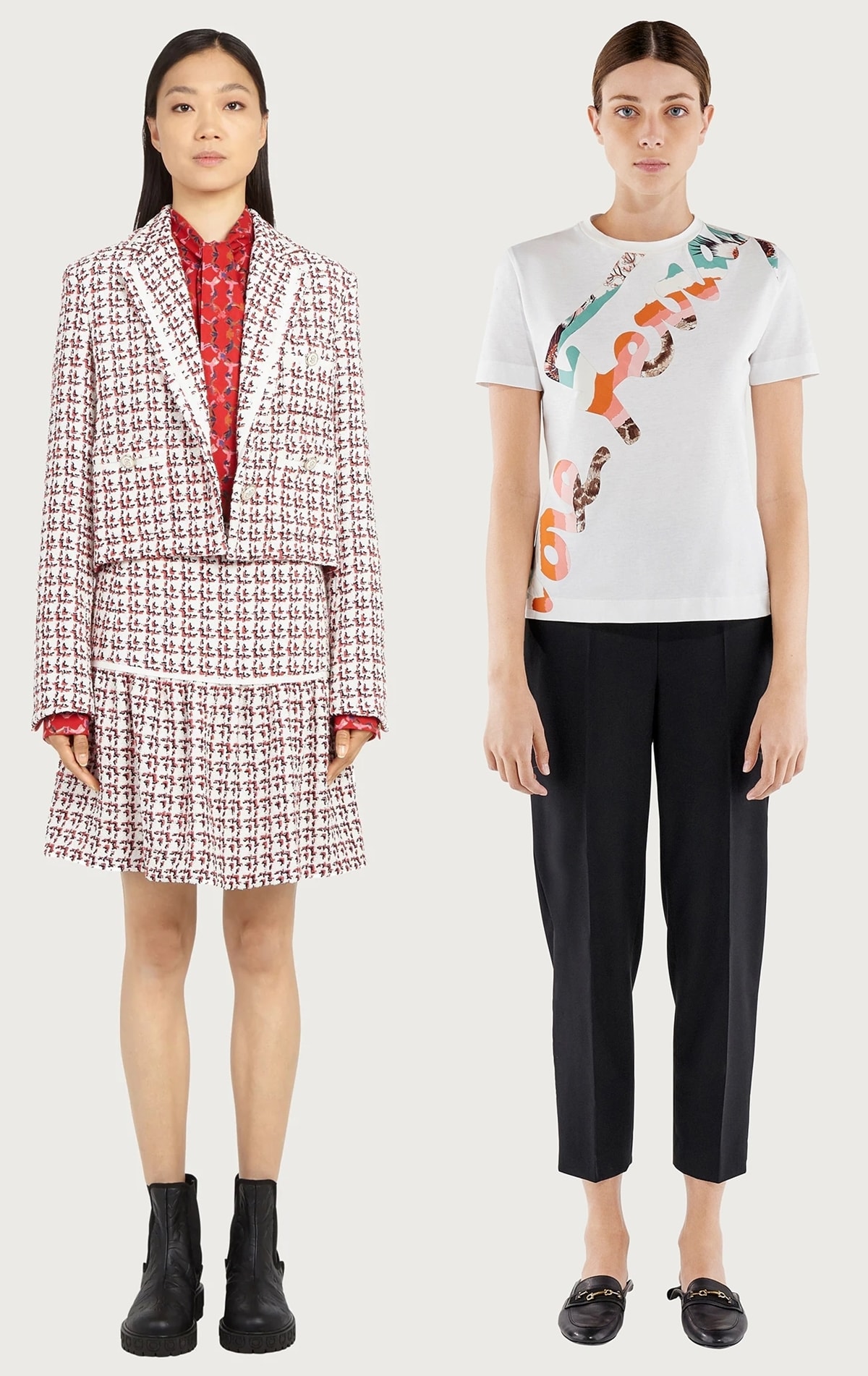 A classic boxy jacket with red-and-black contrast stitching and cropped tailored pants from Italian luxury brand Salvatore Ferragamo — pairing timeless craftsmanship with contemporary ease, styled with chunky ankle boots and signature horsebit loafers