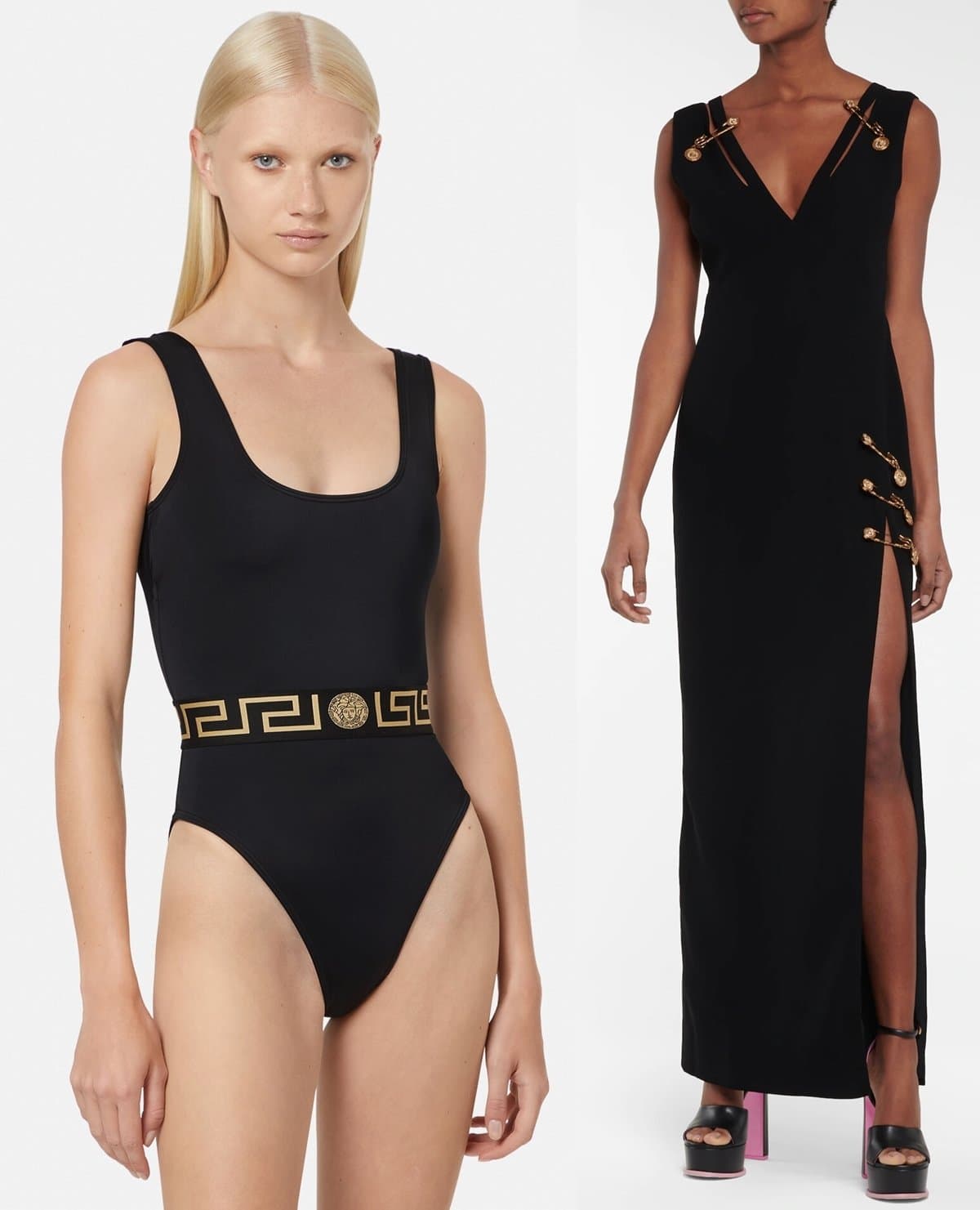 A one-piece black swimsuit featuring Versace’s signature Medusa head and Greca belt motif, paired with the house’s iconic silk safety-pin maxi dress — a timeless combination of bold sensuality and Italian glamour, often styled with towering platform heels