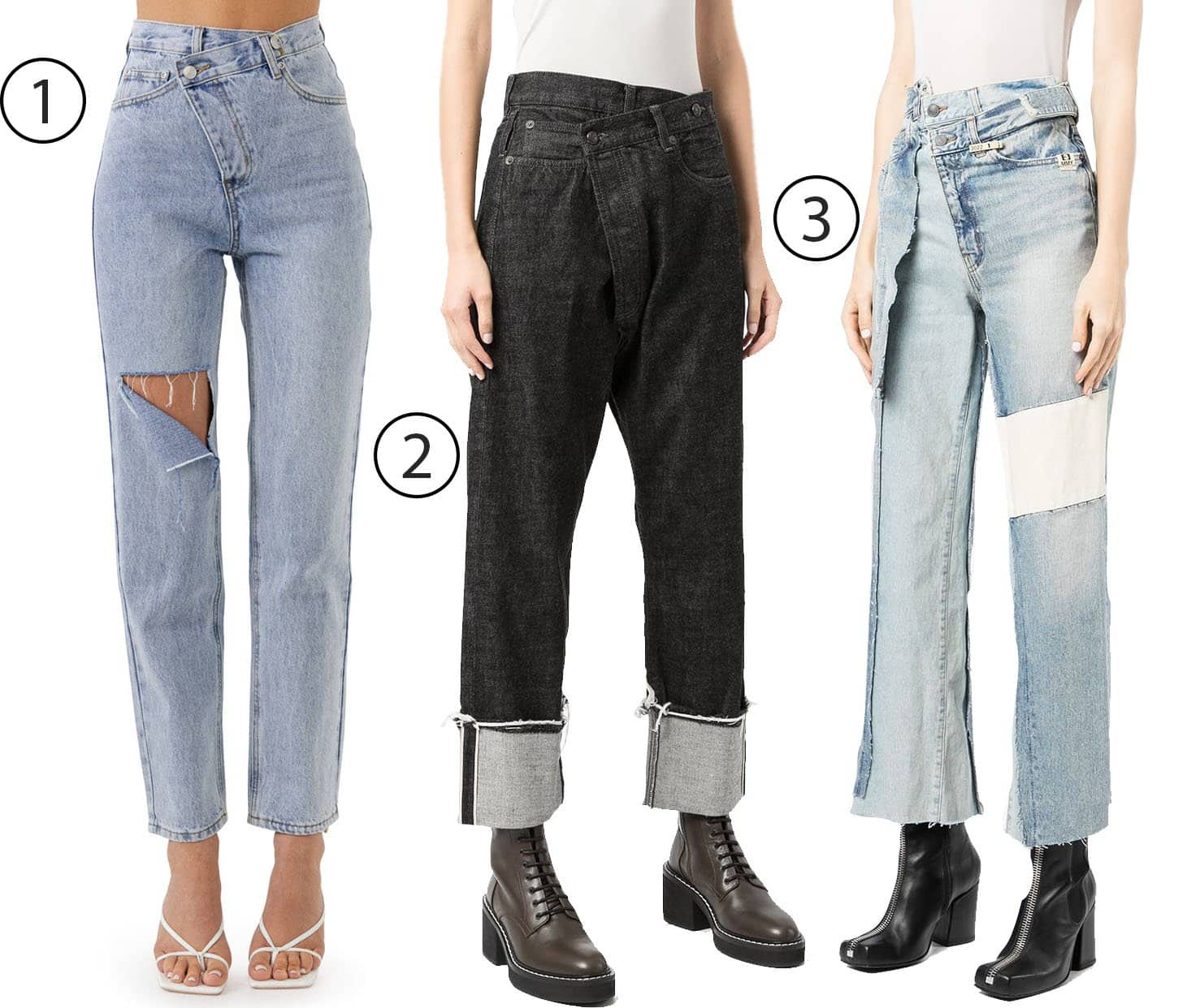 1. Grey Lab asymmetric wrap jeans, 2. R13 asymmetric cropped jeans, and 3. Maison Mihara Yasuhiro asymmetric patchwork-design jeans show how unconventional denim cuts are best grounded by structured heels and boots that balance visual interest from the ground up