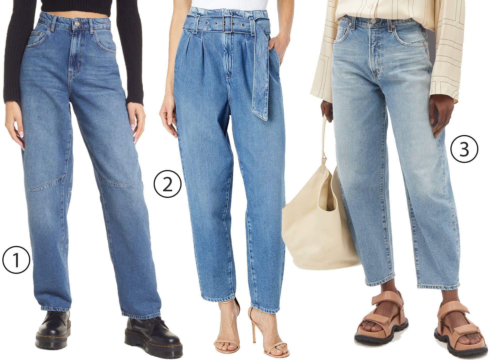 1. BDG Urban Outfitters Logan barrel-leg jeans, 2. AG Adriano Goldschmied Renn high-rise barrel jeans, and 3. Citizens of Humanity Calista cropped barrel-leg jeans show how curved, relaxed denim silhouettes pair effortlessly with everything from chunky boots to refined heels