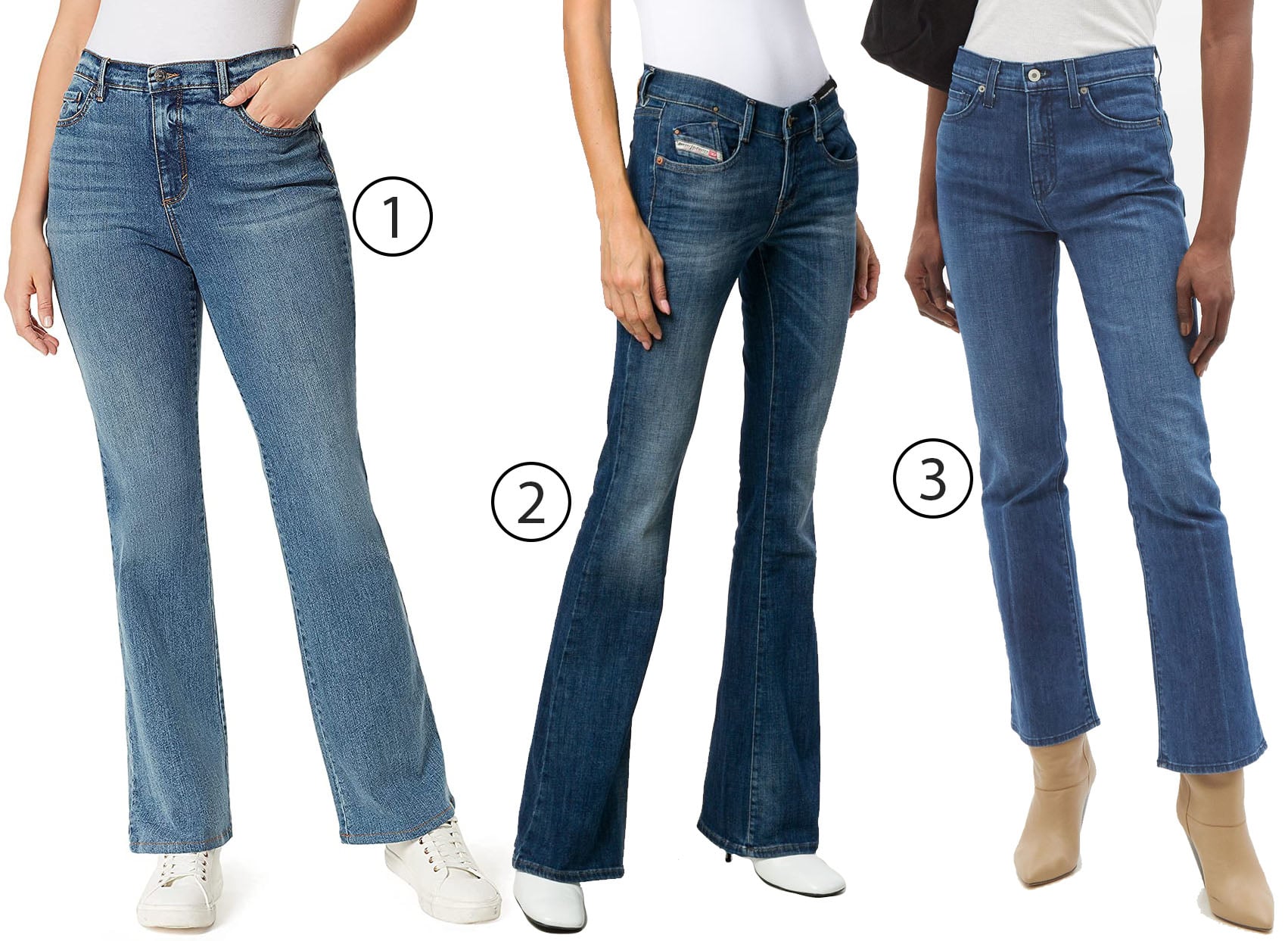 1. Gloria Vanderbilt Amanda high-rise boot-cut jeans, 2. Diesel D-Ebbey bootcut jeans, and 3. Nili Lotan high-rise bootcut jeans illustrate how a subtle flare through the leg creates balance, elongation, and a timeless alternative to skinny denim