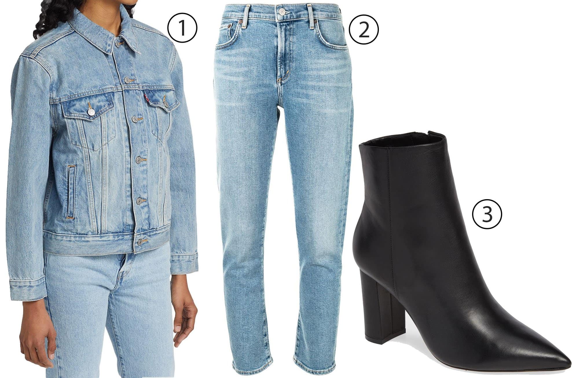 1. Levi’s Ex-Boyfriend Denim Trucker Jacket, 2. Agolde Cropped Mid-Rise Skinny Jeans, 3. Marc Fisher Ulani Pointy Toe Bootie come together to show how classic denim layers and sharp ankle boots create a balanced, modern skinny-jean silhouette
