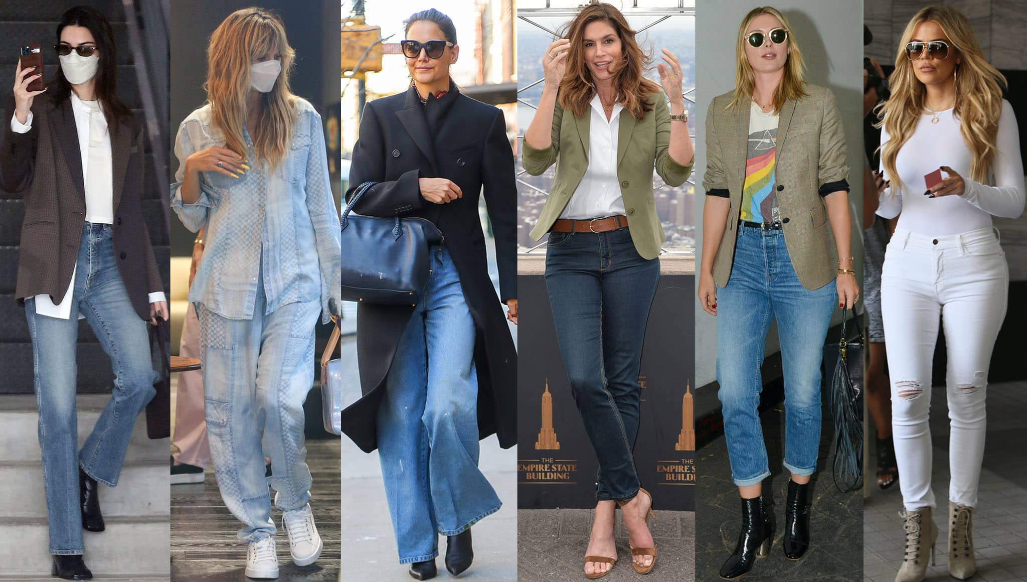Tall celebrities Kendall Jenner, Heidi Klum, Katie Holmes, Cindy Crawford, Maria Sharapova, and Khloé Kardashian show how they wear jeans