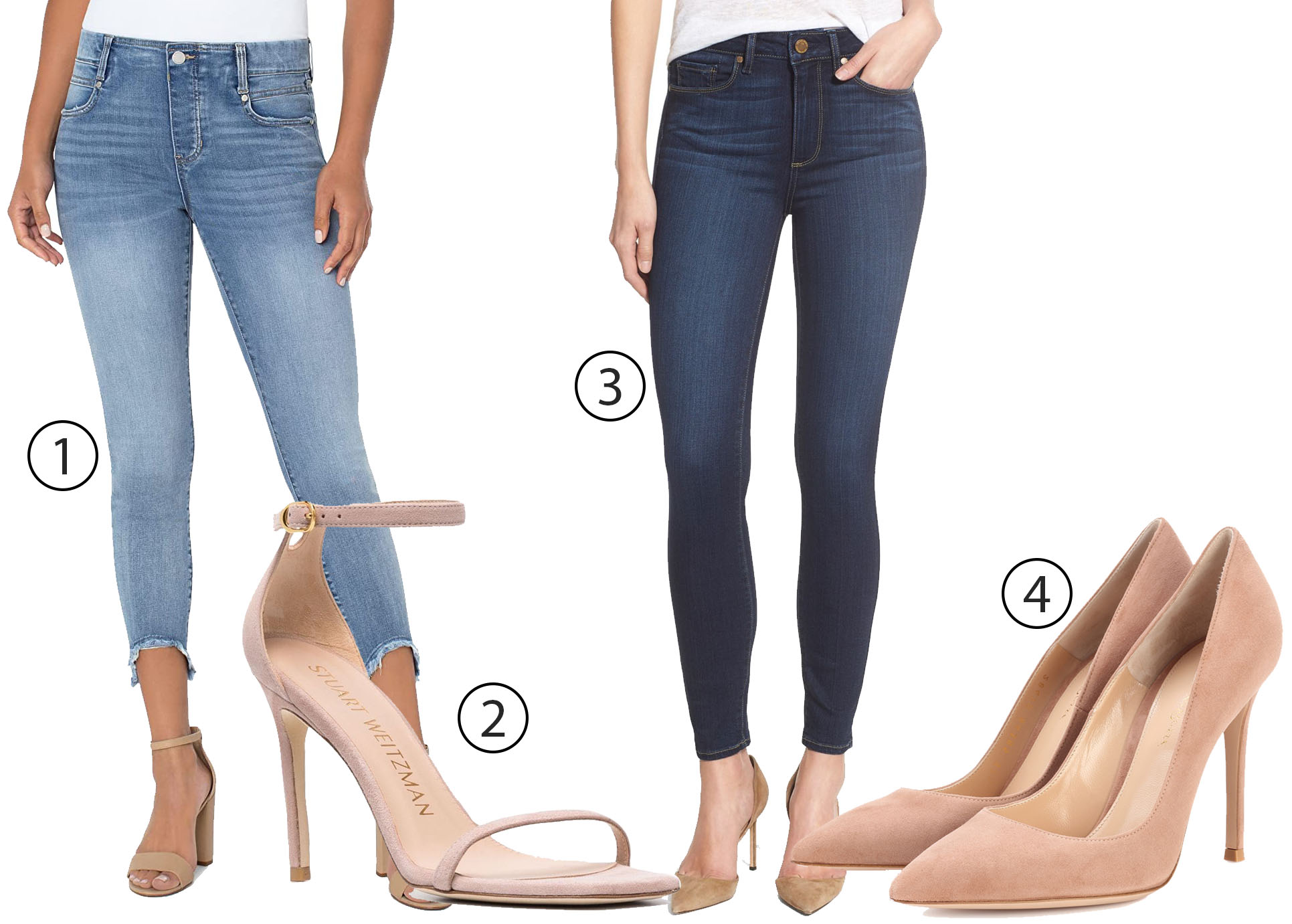 1. Liverpool Gia Glider pull-on crop skinny jeans, 2. Stuart Weitzman suede heels, 3. Paige Transcend Hoxton ultra-skinny jeans, and 4. Gianvito Rossi Gianvito suede pumps show how streamlined skinny denim is elevated by classic neutral heels that lengthen the leg and sharpen the overall silhouette
