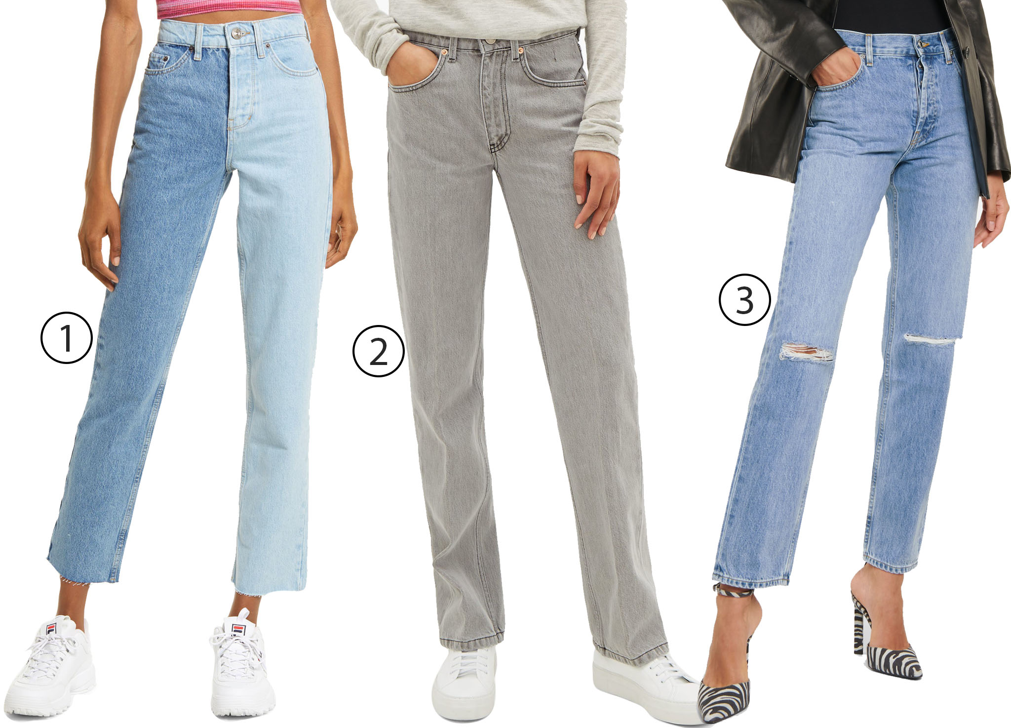 1. BDG Urban Outfitters two-tone Pax straight-leg jeans, 2. Raey Push straight-leg jeans, and 3. Helmut Lang distressed high-rise straight-leg jeans show how clean, relaxed denim works seamlessly with both sneakers and heels for a modern, versatile silhouette