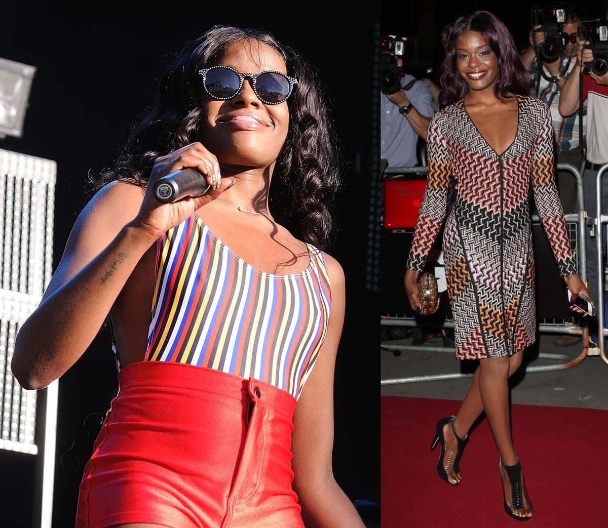 Azealia Banks showcased her bold style versatility, rocking a colorful striped bodysuit with high-waisted red shorts on stage, then switching to a geometric knit dress and open-toe caged heels for a chic red carpet moment