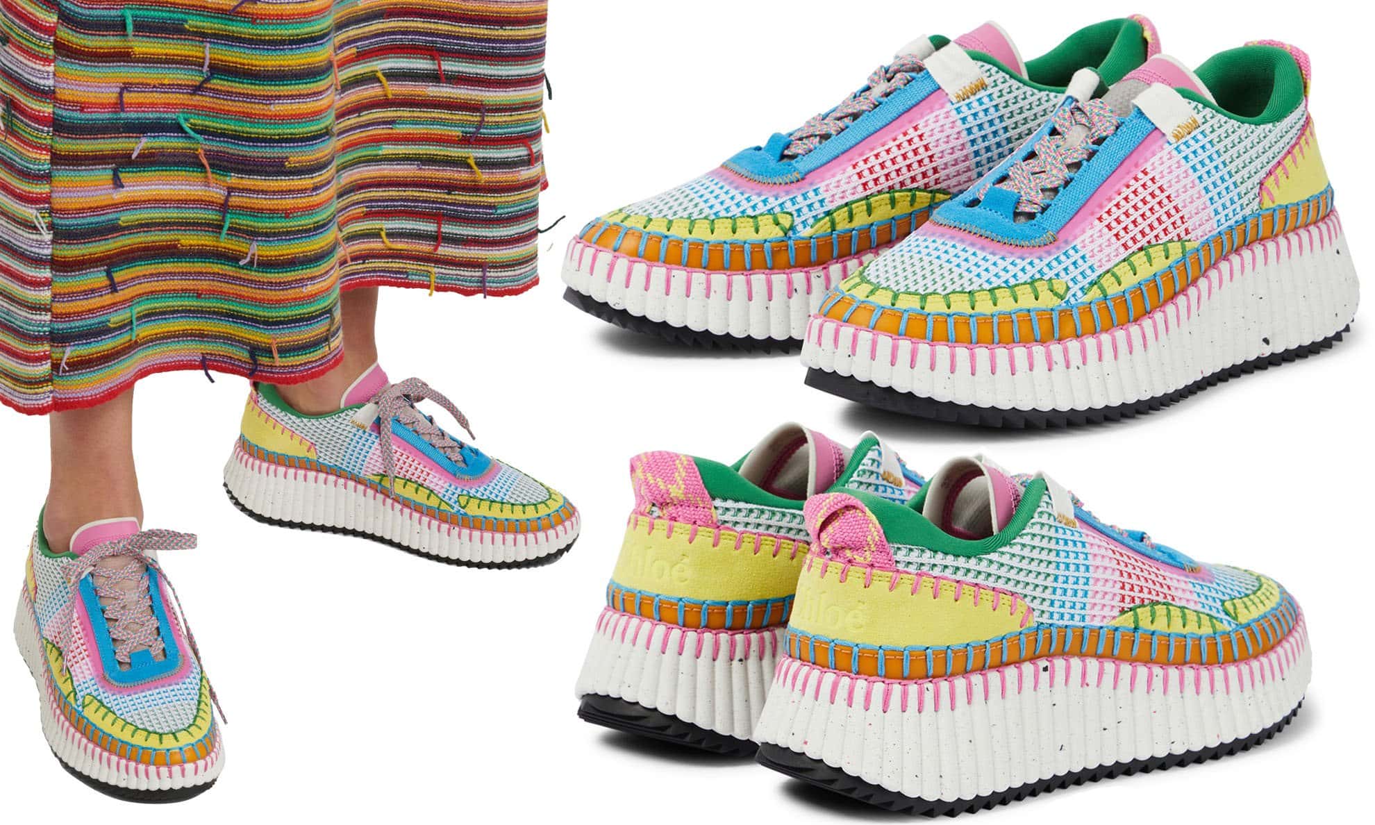 A pair of eco-friendly shoes, the Chloe Nama Happy Yellow sneakers are crafted from partially recycled mesh with whipstitching, set atop lightweight booster soles