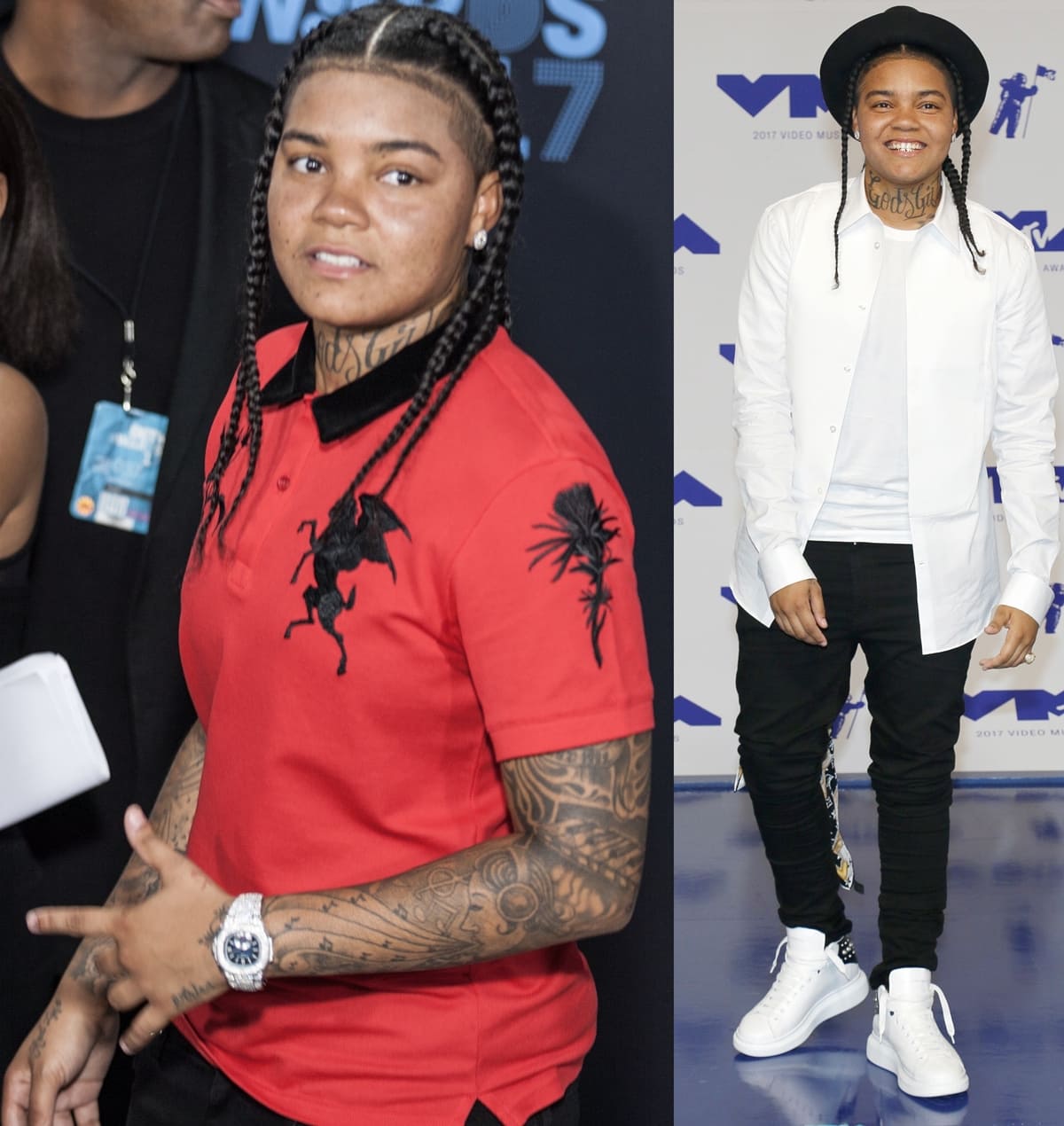 Young M.A kept it fresh and laid-back on the red carpet, pairing designer sneakers with fitted black pants, a crisp white shirt, and her signature braids for a sleek, masculine streetwear vibe