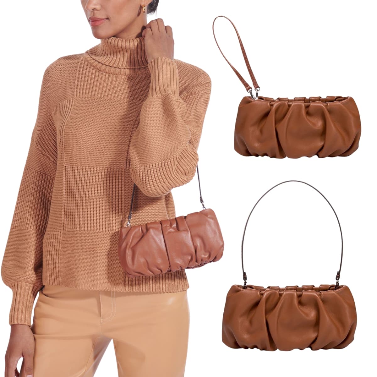 Staud's Bean bag is a small convertible clutch in soft leather featuring a zipper closure, suede lining, and removable shoulder strap
