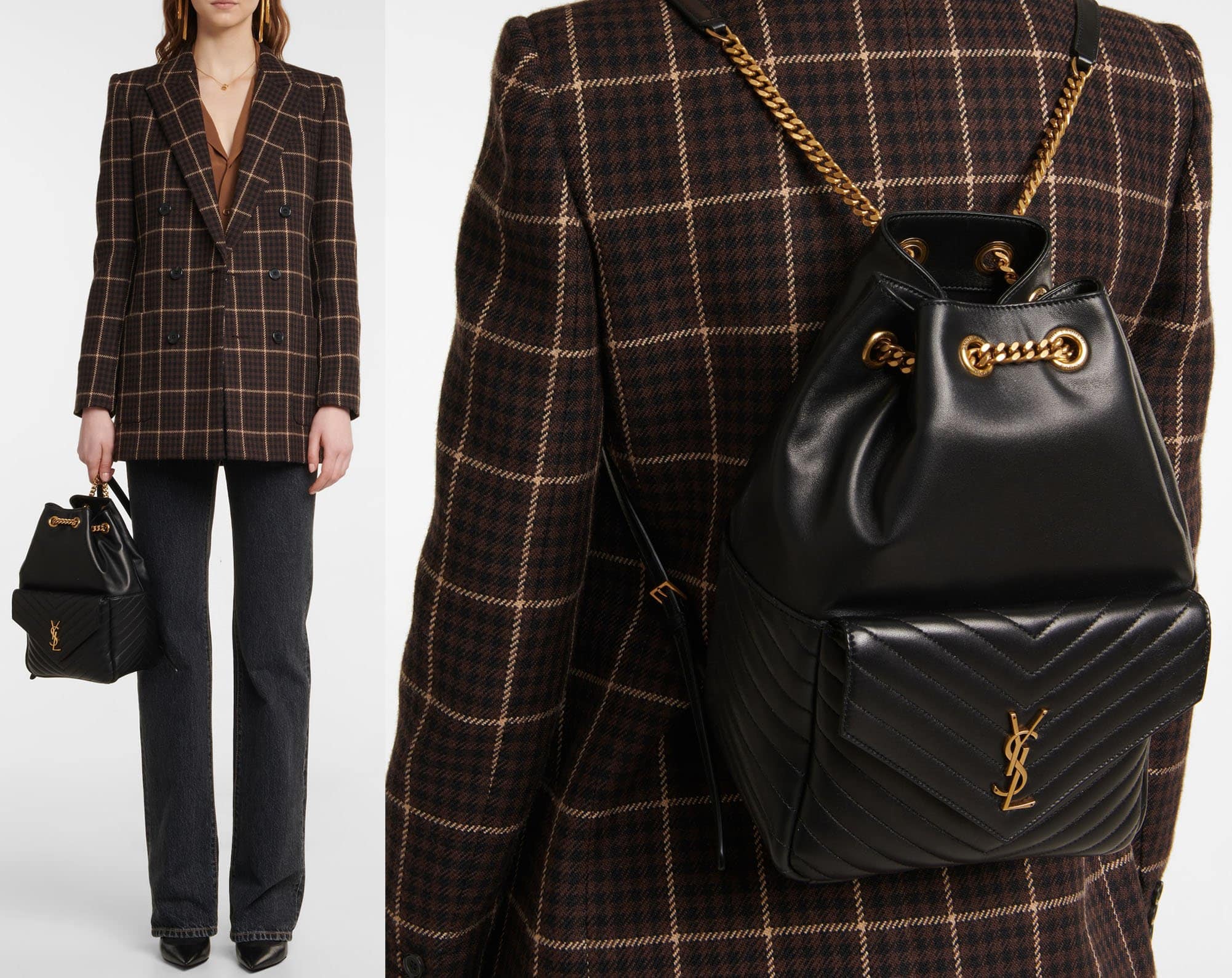 Merging practicality and style, Saint Laurent's Joe backpack is made from leather with chevron quilting and features a chainlink drawstring and the iconic YSL logo hardware