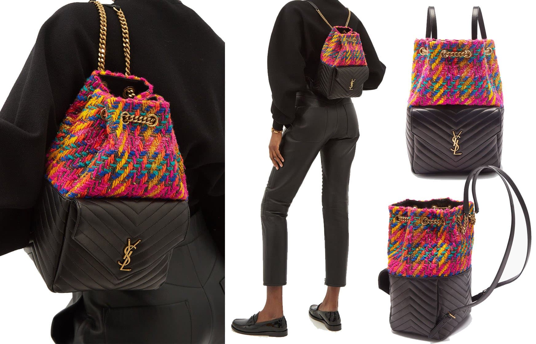 Mixing multicoloured tweed and matelassé leather, Saint Laurent brings a mood-lifting effect to this backpack that's expertly constructed with two adjustable straps