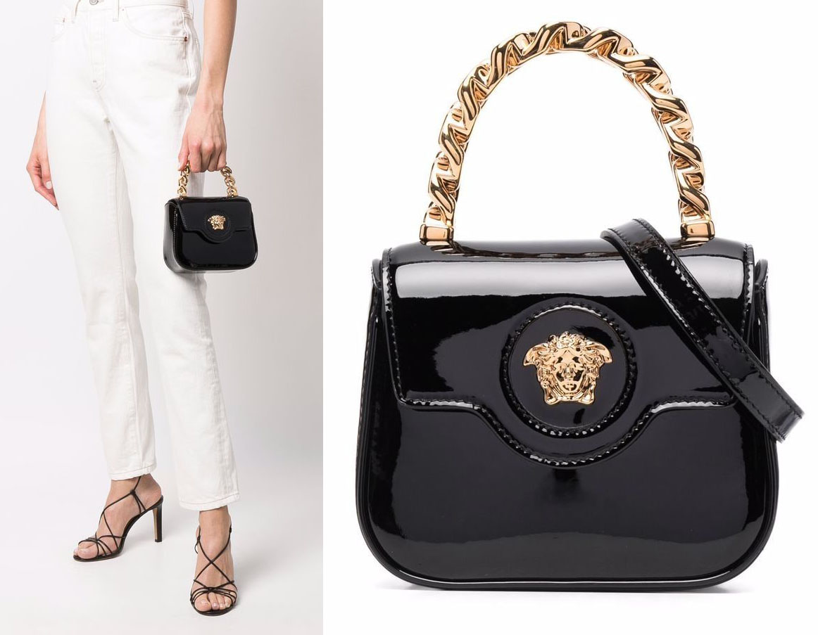 A perfect day-to-night accessory, the La Medusa mini bag is made of glossy leather and features a stiff-chain top handle, an adjustable shoulder strap, and a central Medusa Head