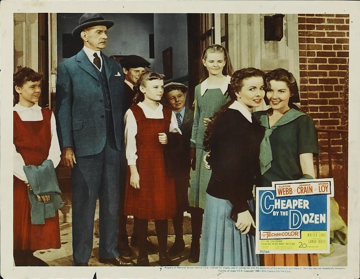 Clifton Webb and Myrna Loy star as Frank and Lillian Gilbreth, parents of 12, in the original 1950 Technicolor comedy Cheaper by the Dozen