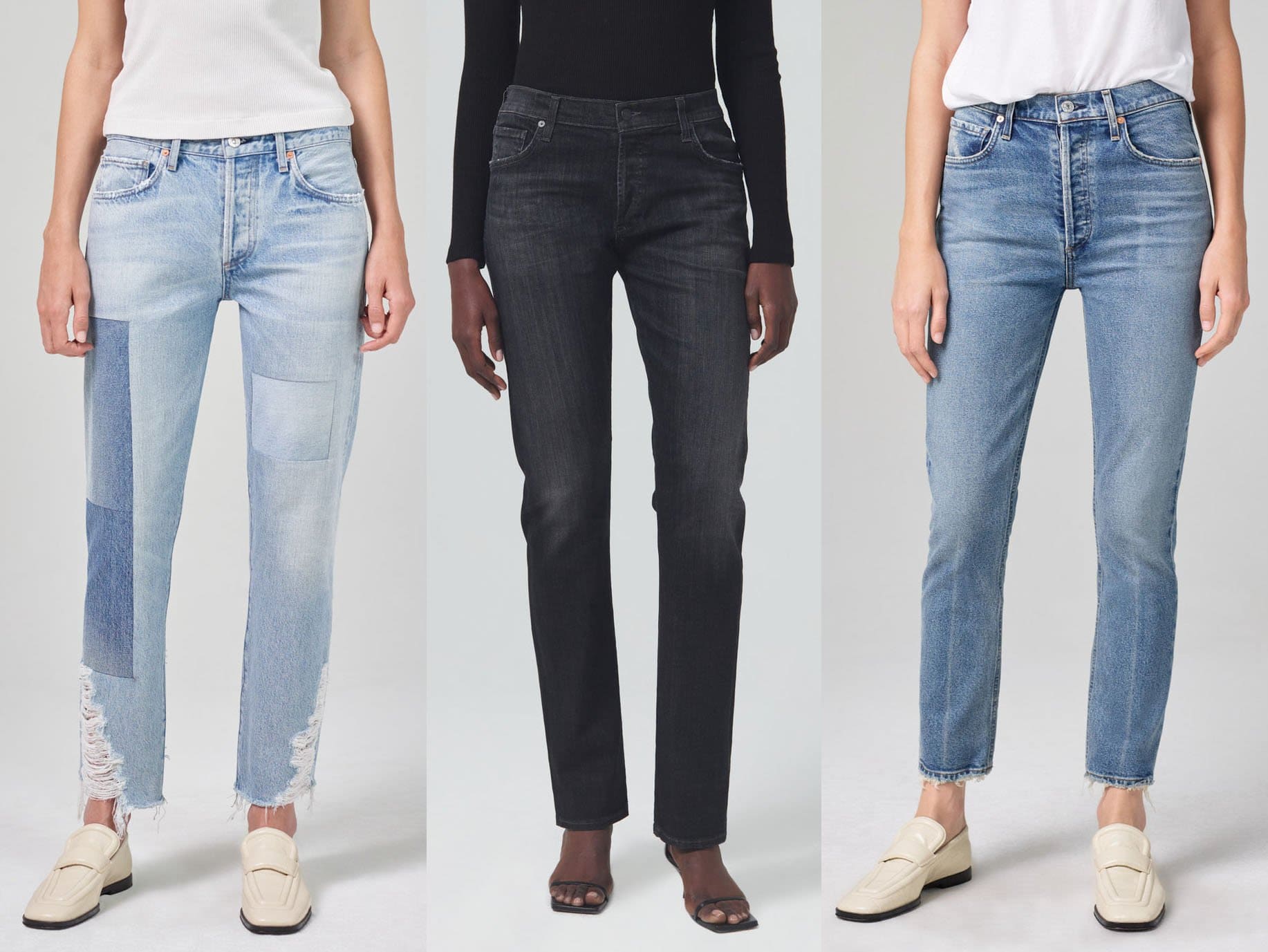 Emerson Slim Boyfriend in Upcycle, $450; Emerson Long Slim Boyfriend in Chromeo, $248; Jolene High-Rise Straight, $228