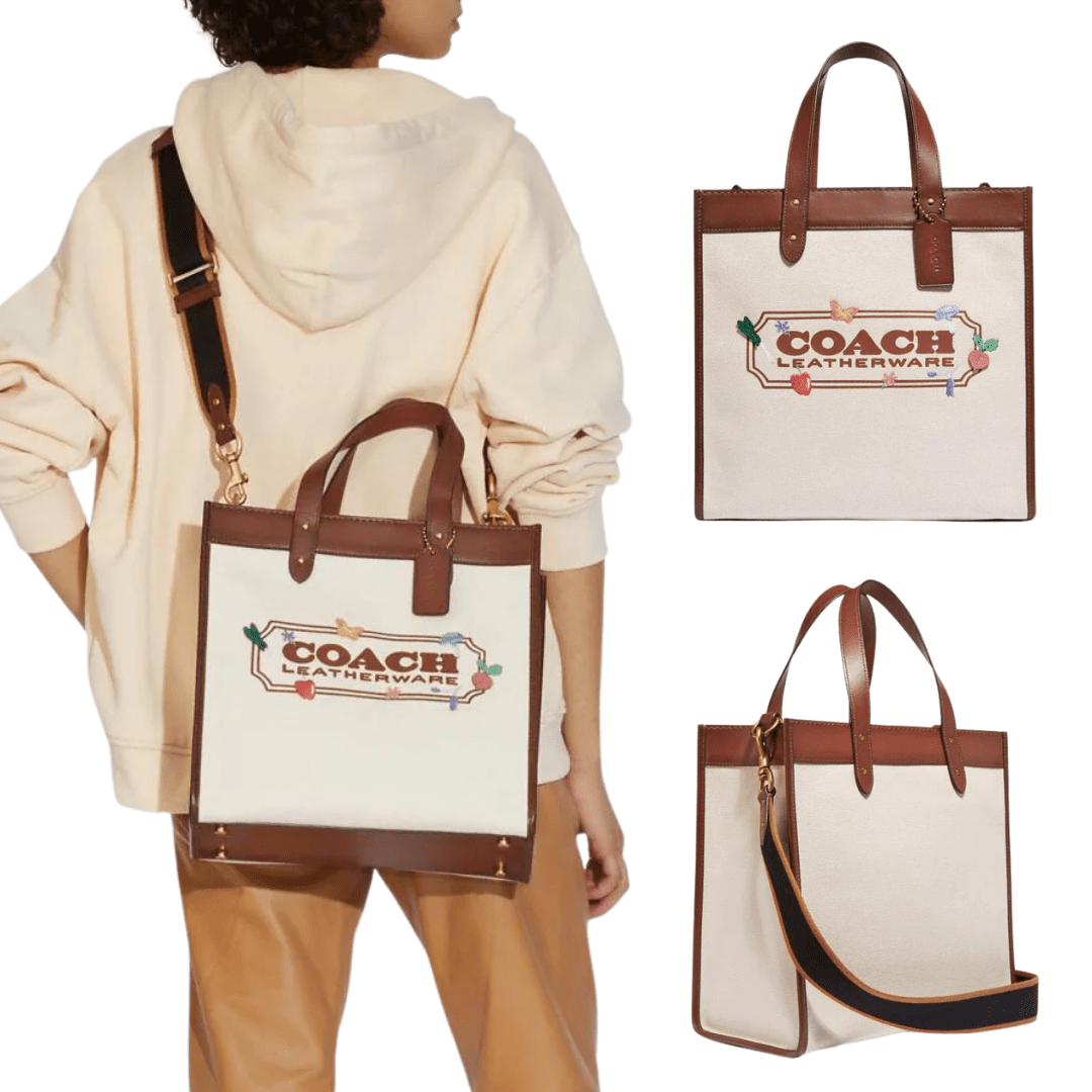 Garden-themed embroidery offers a pretty refresh on a timelessly structured shape with this leather-trimmed canvas Field tote