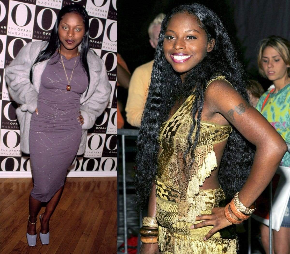 Foxy Brown showed off her bold fashion sense in a curve-hugging lilac dress paired with chunky platform heels, and later stunned in a gold fringe one-shoulder mini dress accented by stacked bangles and flowing hair