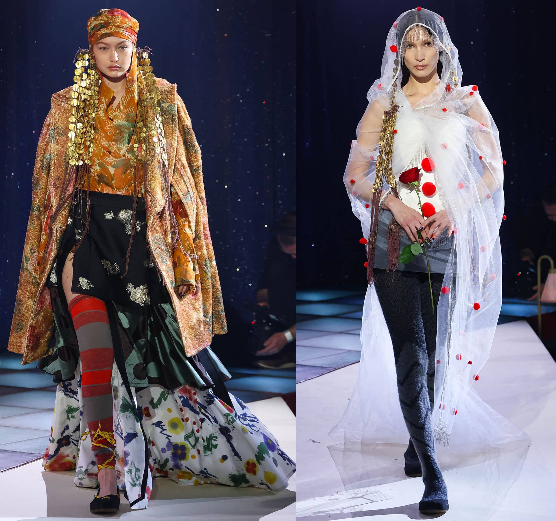 Gigi and Bella Hadid bring Vivienne Westwood’s rebellious layering and theatrical runway styling to Paris Fashion Week, pairing tartan textures, veiled headpieces, striped stockings, and dramatic platform footwear during the Fall 2022 show on March 5, 2022