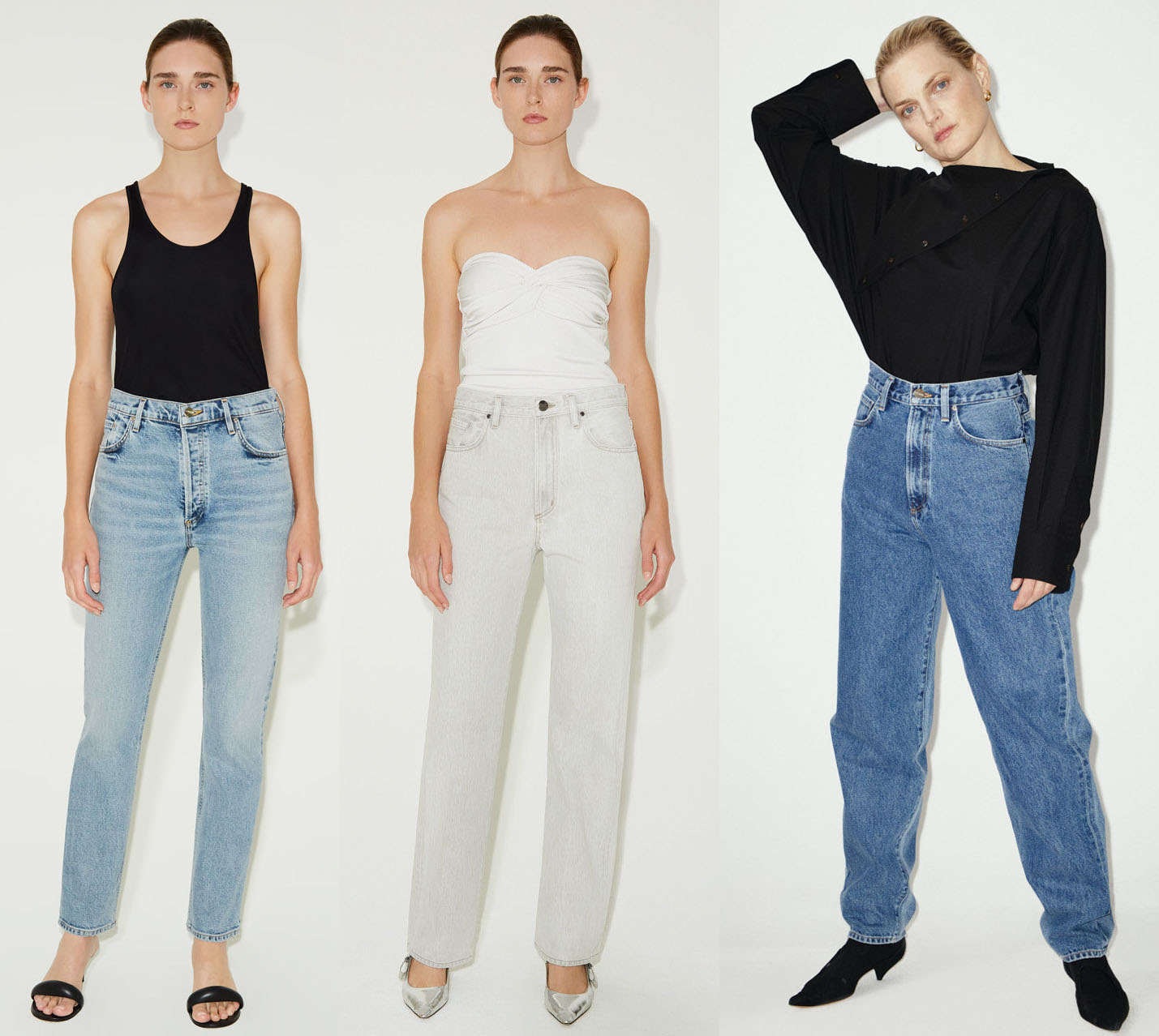 The Morgan Jean in Blyth, $350; The Martin Jean in Marbeled Grey, $325; The Nara Jean in True Blue, $295