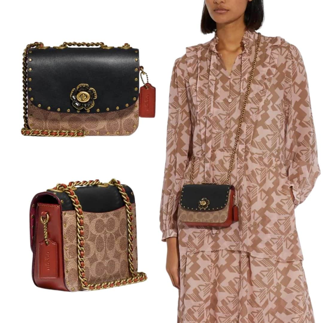 Crafted of refined leather and the brand's signature canvas, the compact 16 is finished with polished rivets, an exterior pocket for easy access to essentials, and a Tea Rose turn-lock closure