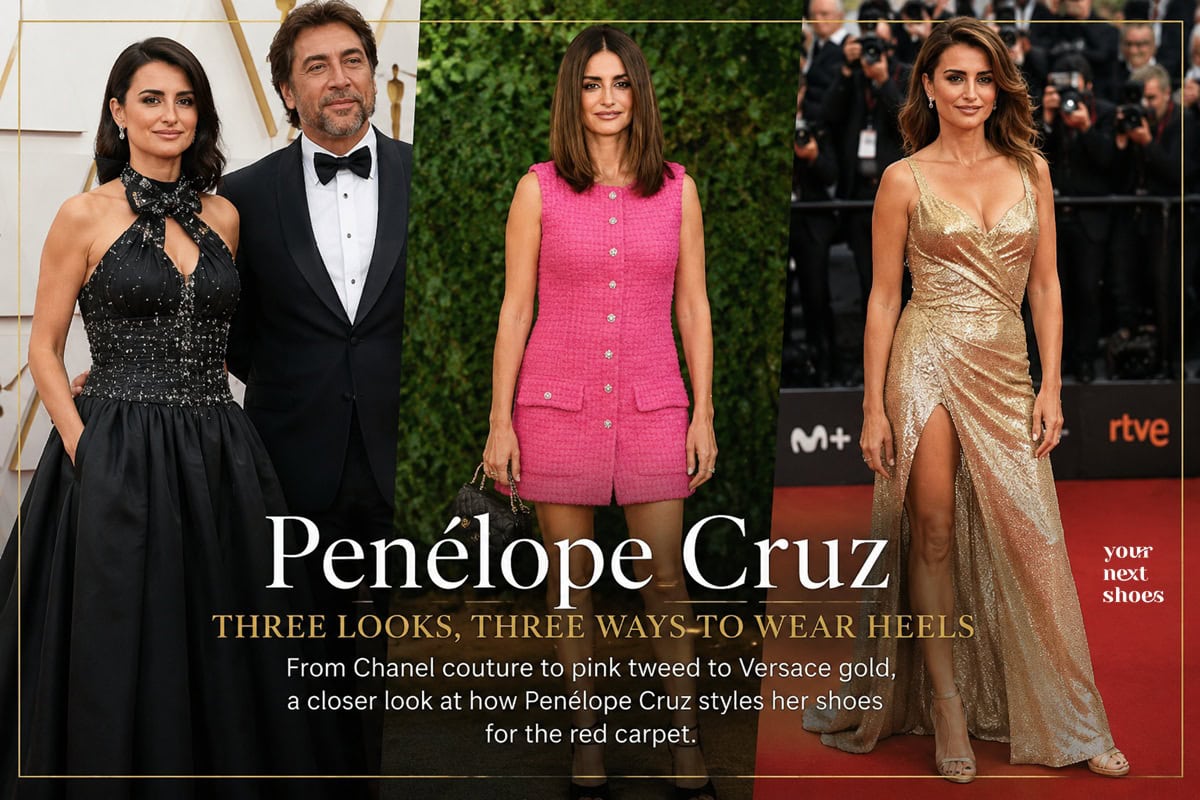 Penélope Cruz’s red-carpet shoe style spans three distinct approaches: hidden Chanel satin platform pumps with dramatic Oscars couture, chunky black Chanel platforms with vivid pink tweed, and delicate champagne-gold Versace stilettos matched to a shimmering evening gown