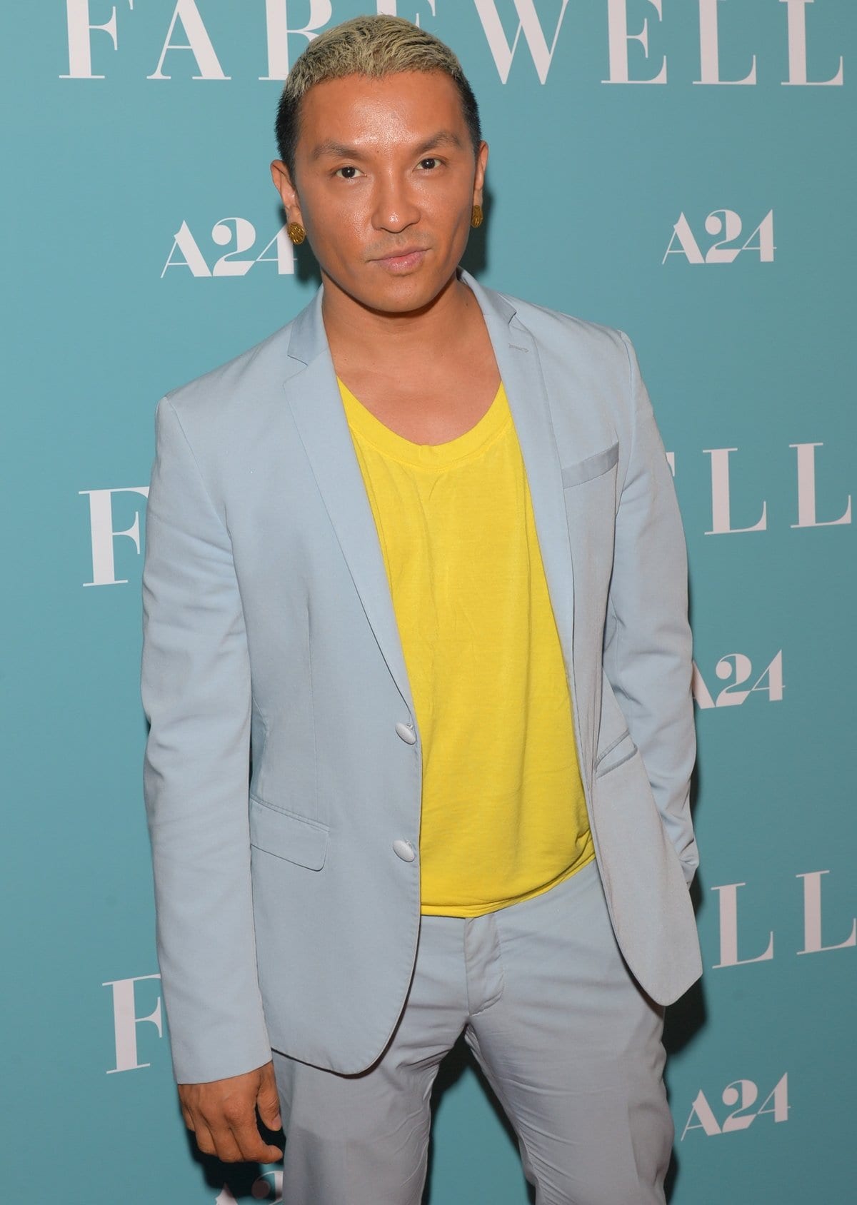 Prabal Gurung, the Nepalese-American fashion designer who launched his eponymous label at New York Fashion Week in 2009, wears a pastel blue suit over a bold yellow T-shirt at A24’s “The Farewell” premiere in New York City