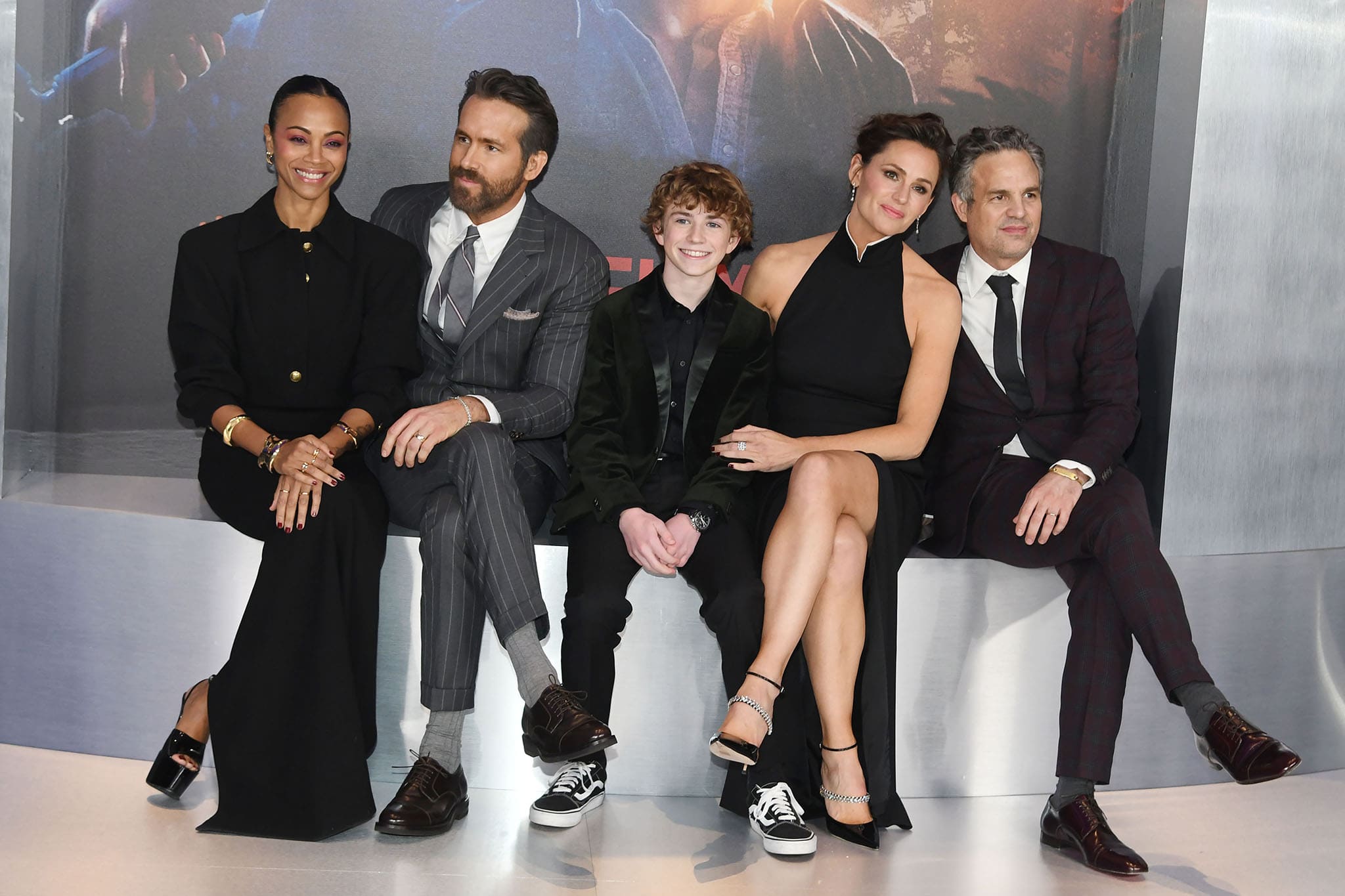 The cast of The Adam Project: Zoe Saldaña, Ryan Reynolds, Walker Scobell, Jennifer Garner, and Mark Ruffalo attend The Adam Project World Premiere