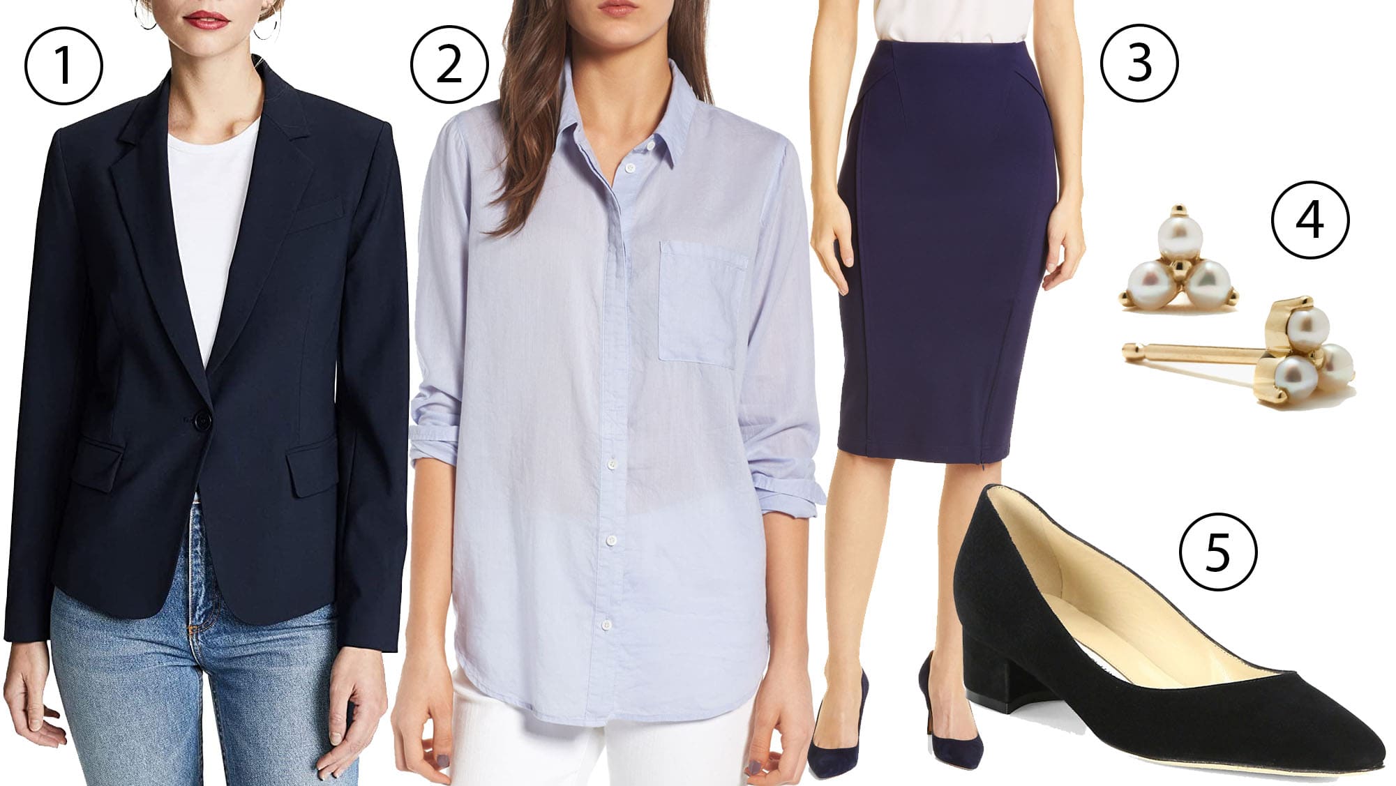 1. Theory Four Gabe N Blazer; 2. Treasure Bond Drapey Classic Shirt; 3. Donna Karan New York Sculpted Pencil Skirt; 4. Maria Tash Trinity Pearl 14kt Gold Single Earring; 5. Manolo Blahnik Listony Block-Heel Suede Pumps